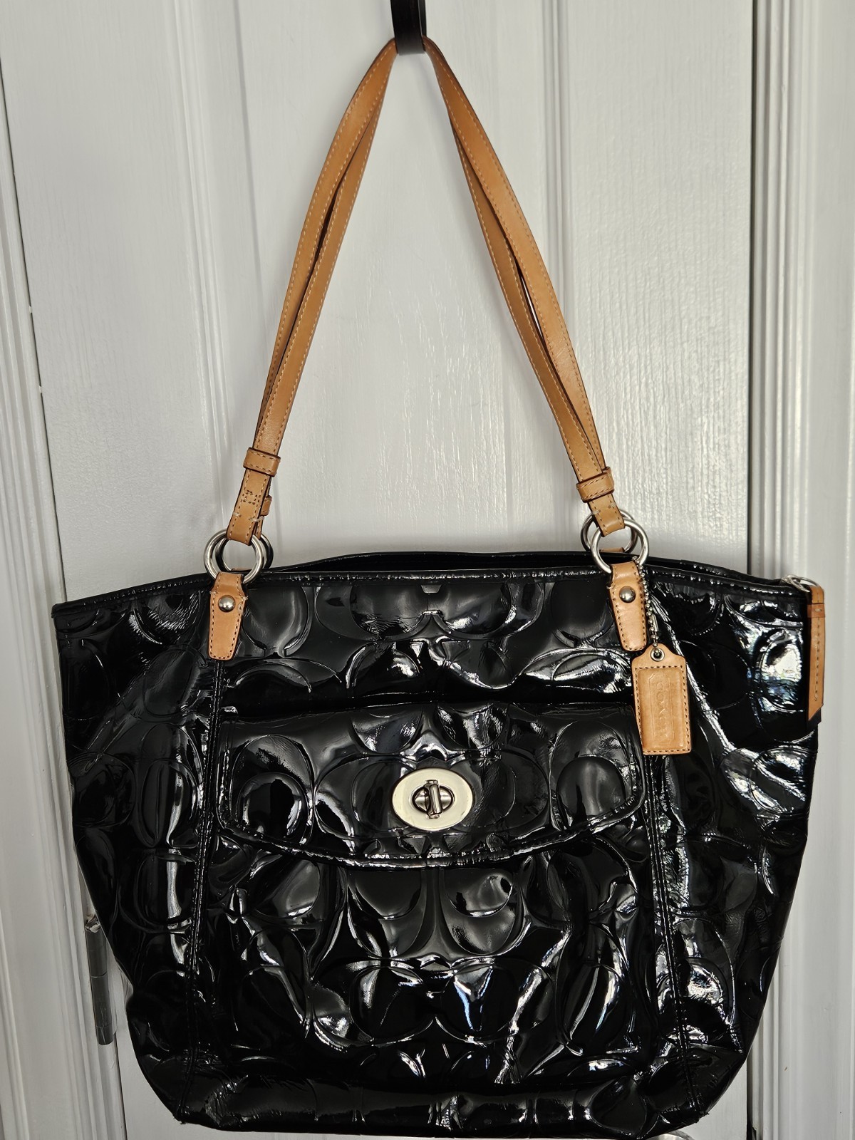 COACH SIGNATURE LEAH EMBOSSED PATENT LEATHER SHOULDER TOTE BAG F14662 SHOPPER