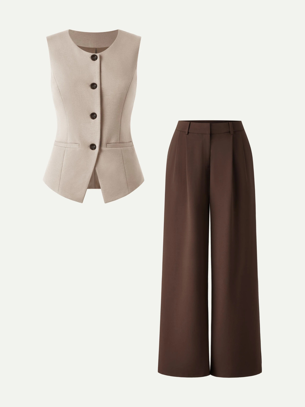 2Pcs Set Waistcoat with Pockets & Wide Leg Pant with Pockets