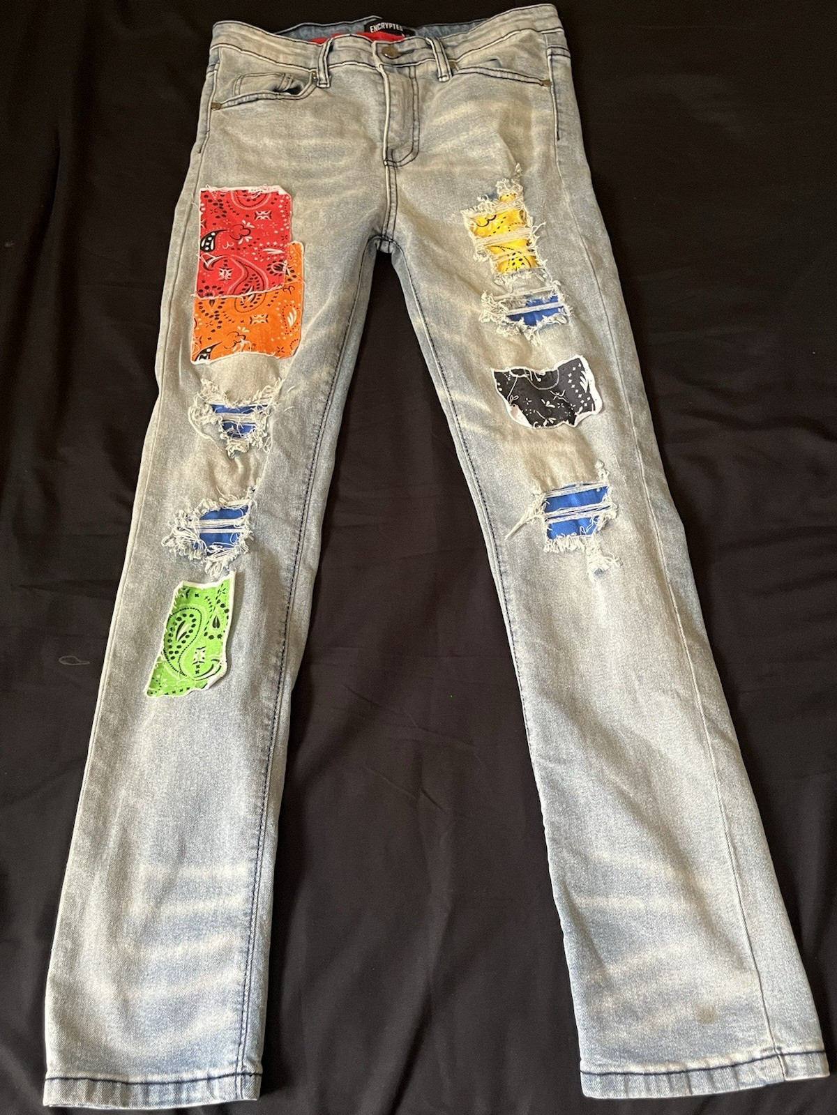 ENCRYPTED Teens Skinny Blue Light Wash Distressed Patch Cotton Denim Jeans 16