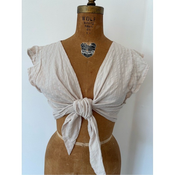 Cream Cotton Crop Top Boho Cottagecore Milkmaid Tie Wrap Size Small