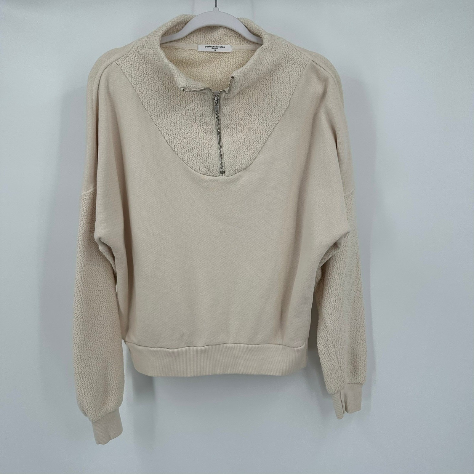 Perfect White Tee Womens Tyra Quarter Zip Sweatshirt Size S Oversized Minimalist