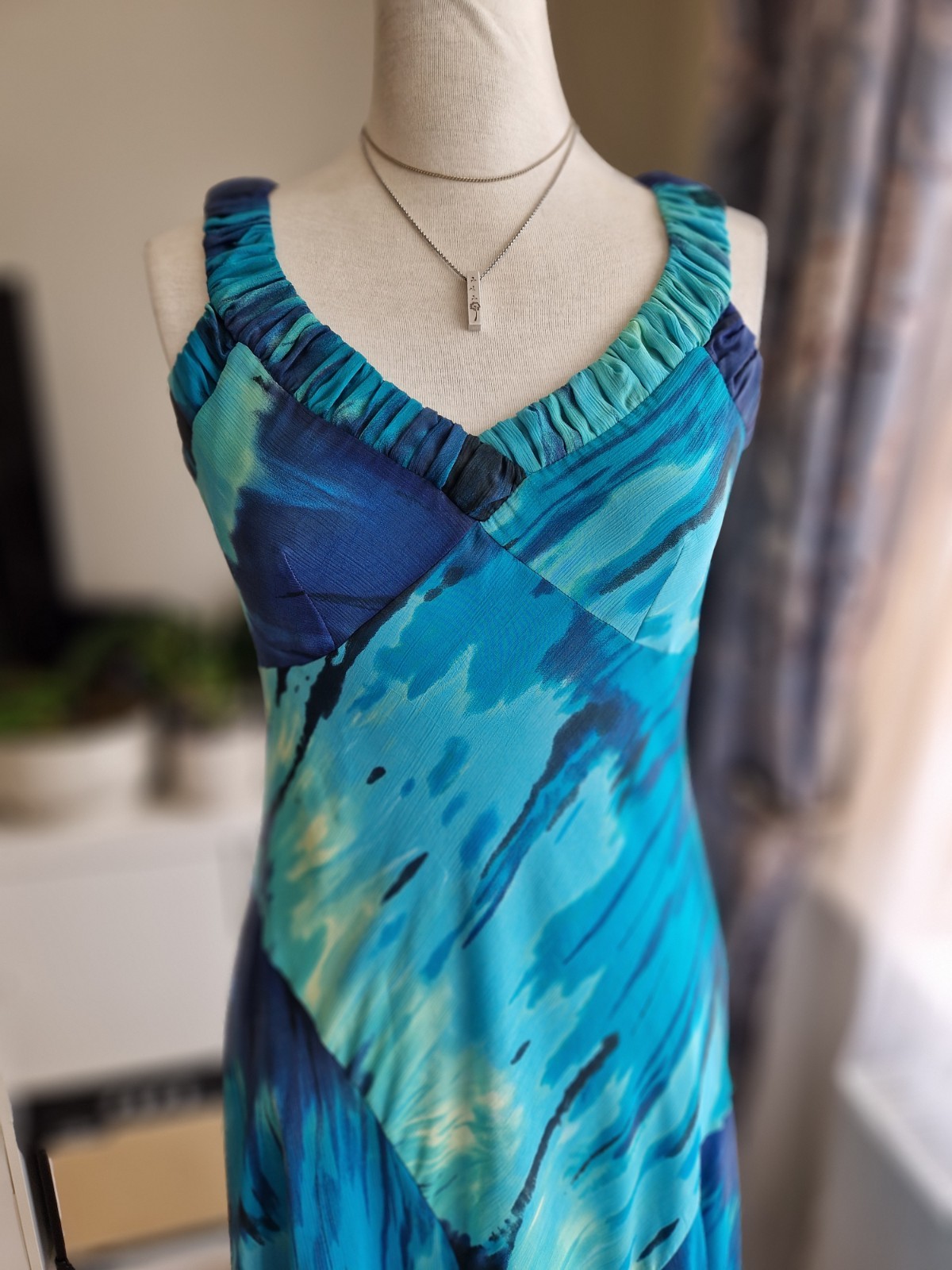 Per Una Blue Aqua Watercolour Midi Dress UK 12 Floaty Fit & Flare Occasion