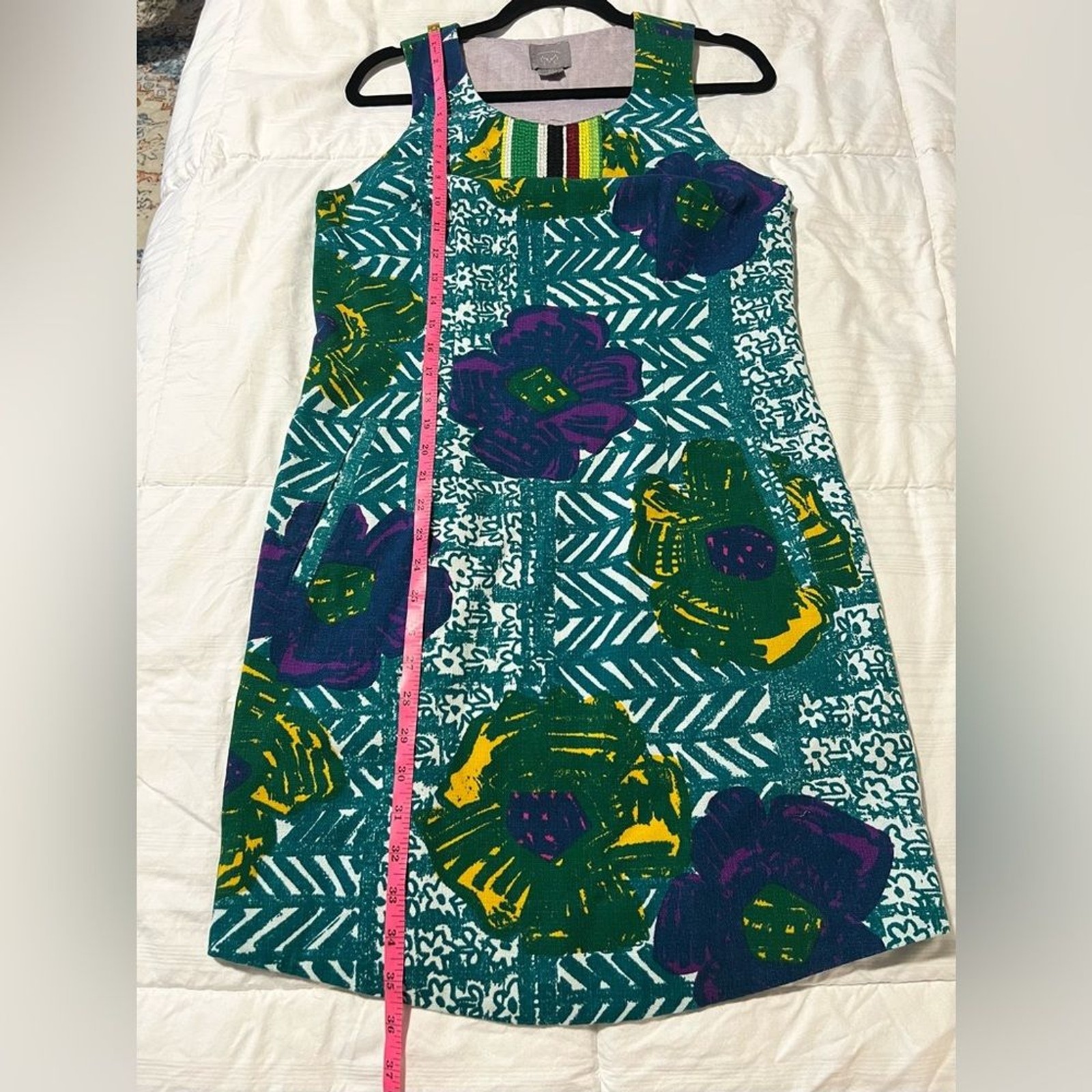Anthropologie Vanessa Virginia Teal Blue Green Floral Embroidered Dress SZ 10