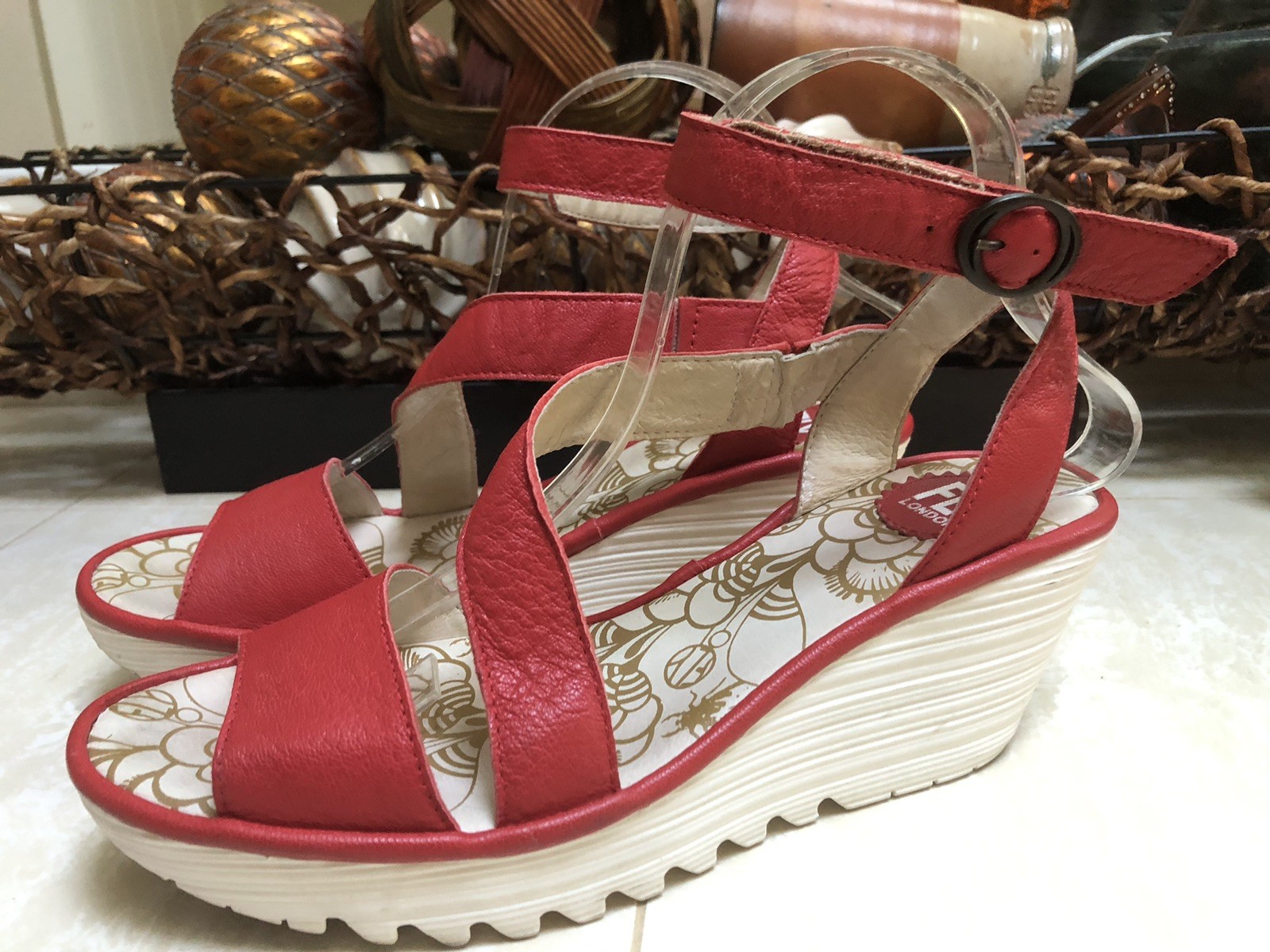 Fly London Yesk Ankle Wrap Sandals EU 40 US 9/9.5 Red Leather Women’s EUC‼️