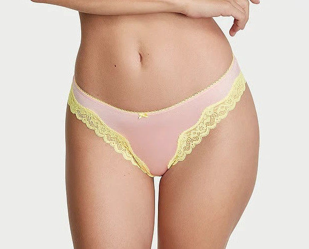 Victoria Secret Tease Pink Yellow Lace Thong Panty SIZE M Smooth Silky NWT