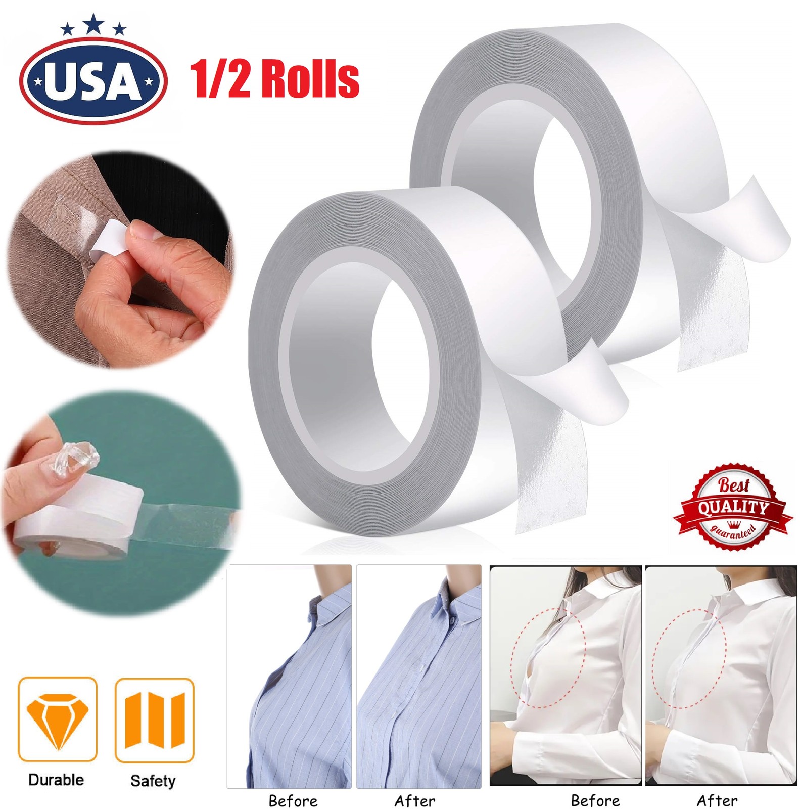 2× Double-Sided Body Tape Roll Waterproof & Sweatproof Strips for Cloth Dress US