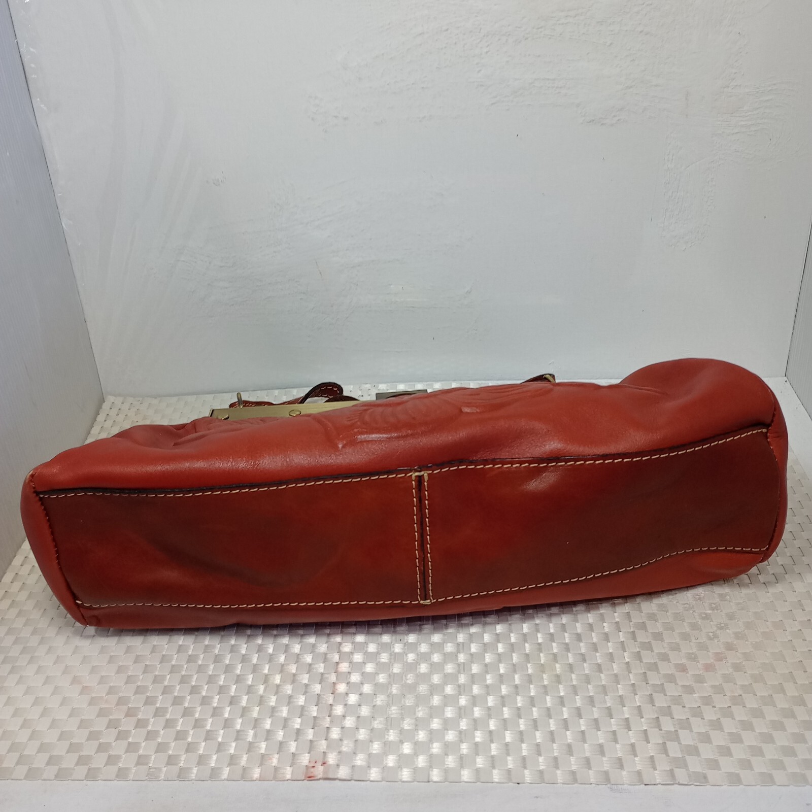 Patricia Nash Floral Embossed Cognac Leather bag Medium Brass Bottom Studs EUC