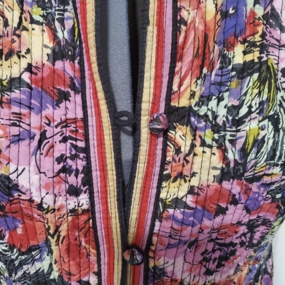 L’IND Women’s Quilted Floral Jacket Medium Mandarin Collar Frog Closure Boho Art