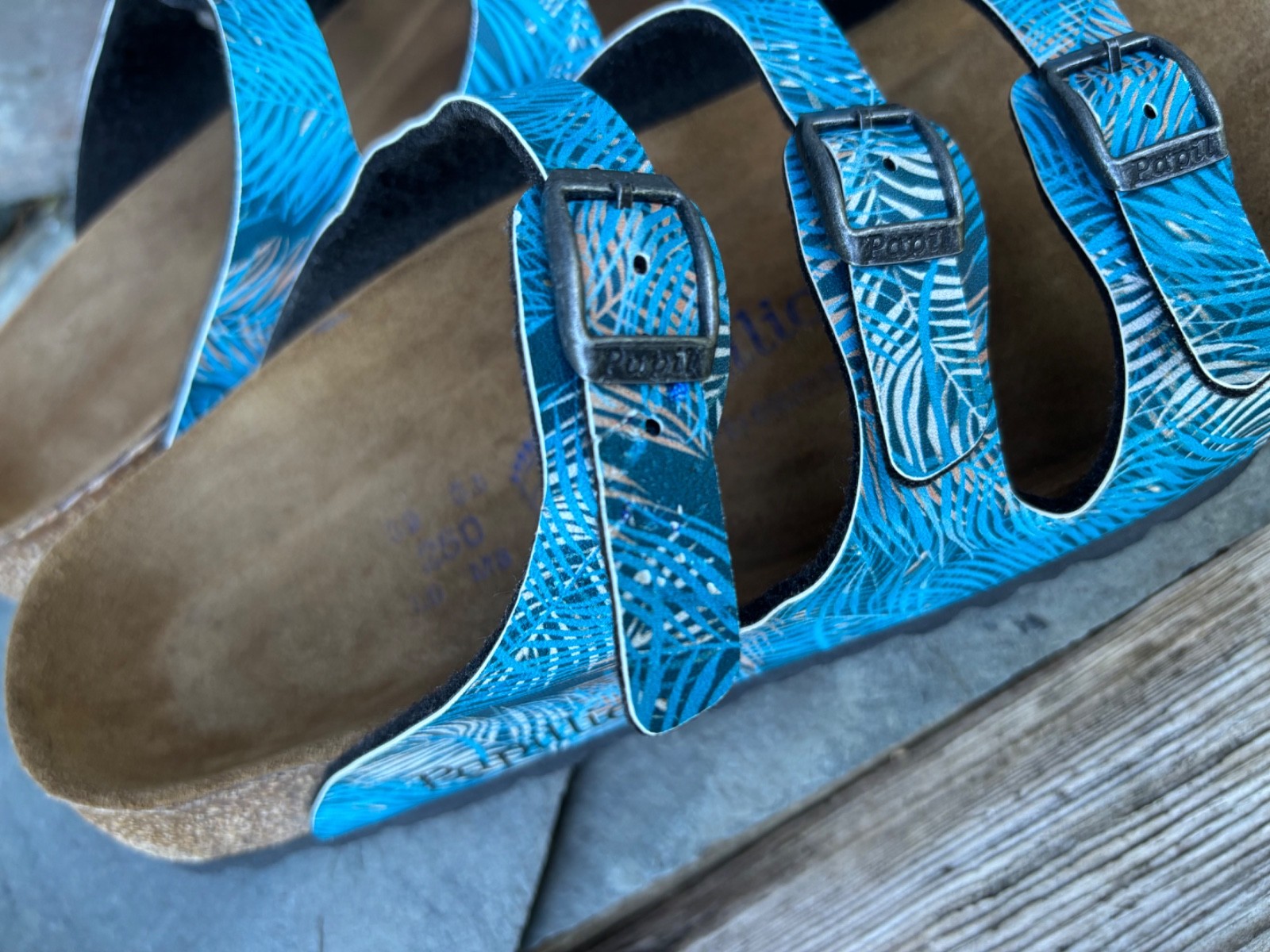 PAPILLIO x Birkenstock ‘Florida’ (39/8) Tropical Leaf Blue Birko-Flor Sandals