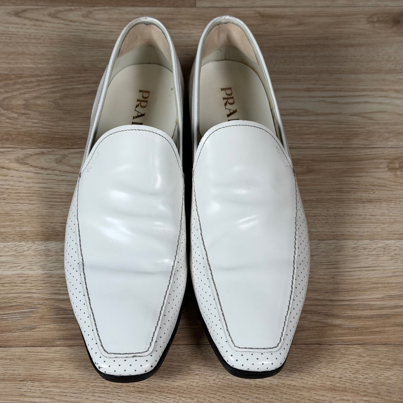 Prada Loafers Mens Size 9.5 White Perforated Leather Square Toe Shoes Italy