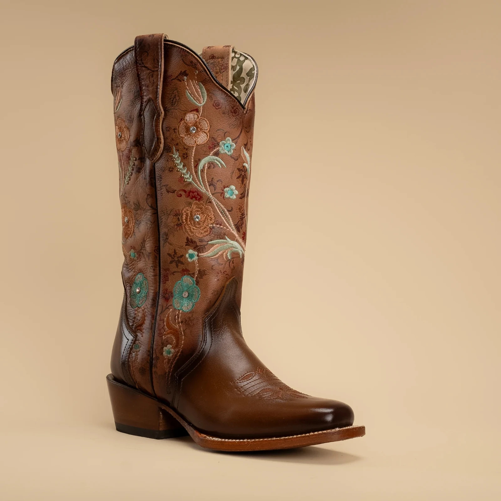 Women’s Rodeo Espresso Brown Turquoise Floral Embroidery Western Cowgirl Boots