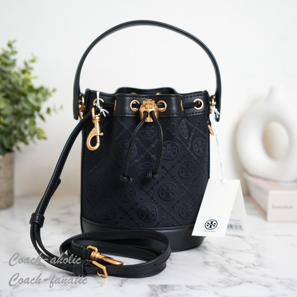 Tory Burch T Monogram Mini Bucket Bag Crossbody in Black NWT