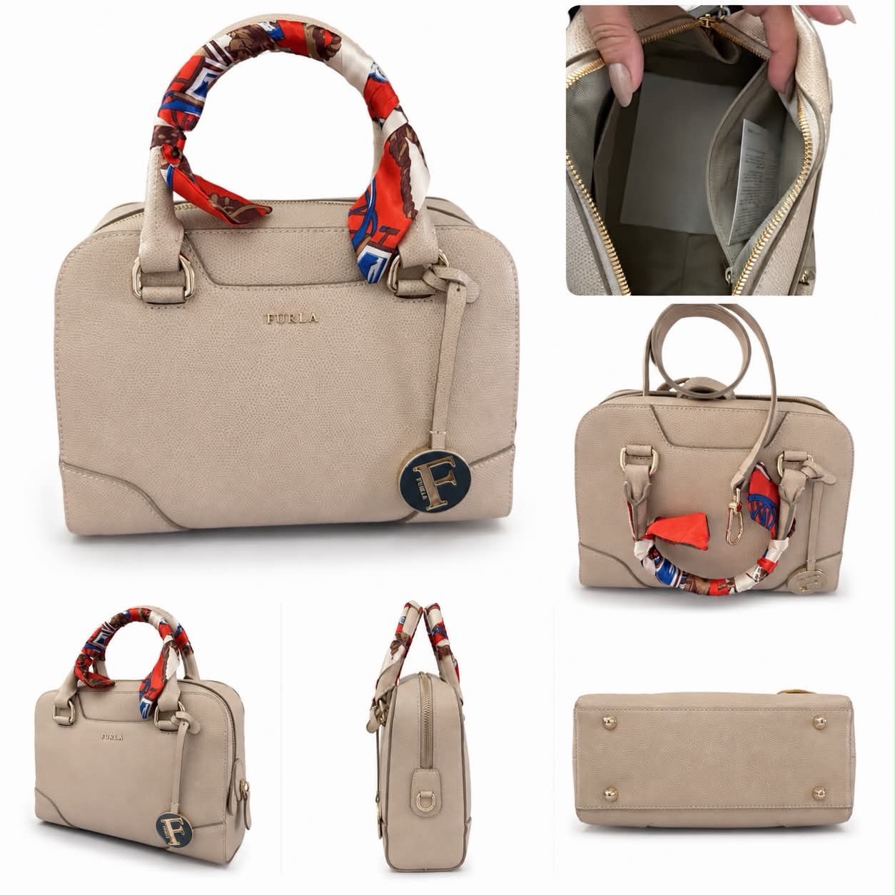 Furla Beige Small Zip Satchel Top Handle Gold Hardware Bag Charm Bottom Studs