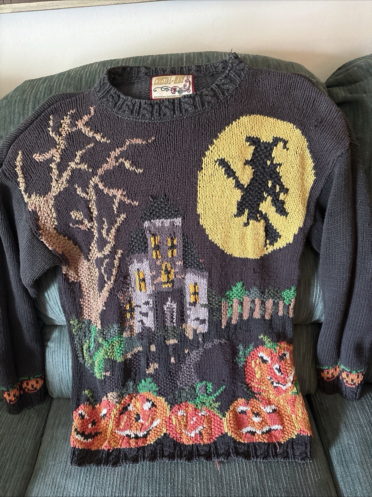 Vintage 90s Chunky Crystal Rose Knit Halloween Sweater Size L/G Witch Pumpkin