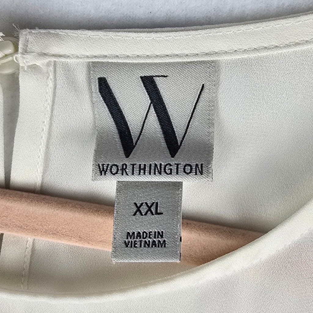 Worthington Pleated Ruffle Sleeve Blouse Women XXL Cream Round Neck Keyhole Back