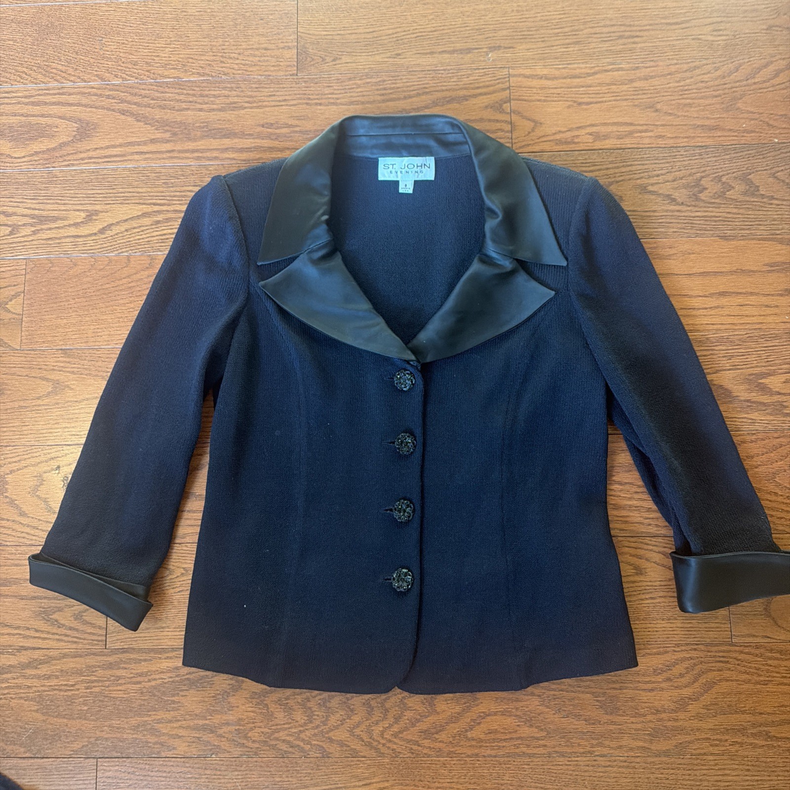St John Evening Jacket 8 Black Satin Collar Cuffs Jewel Dressy Santana Knit