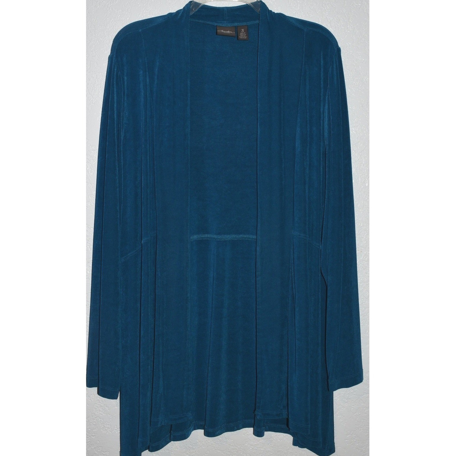 Chicos Travelers Teal Blue Open Front Slinky Knit Cardigan Jacket Size 3 XL