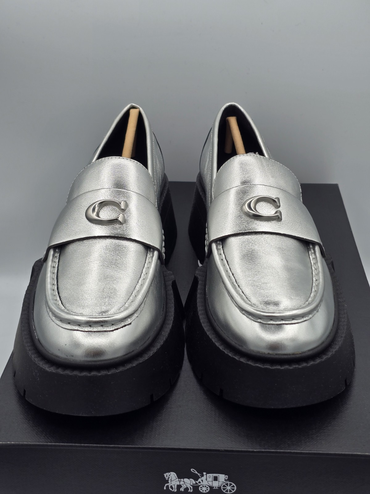 Coach Leah Metallic Leather Silver Loafers Chunky Heel SIZE 8.5 B NEW MSRP $195