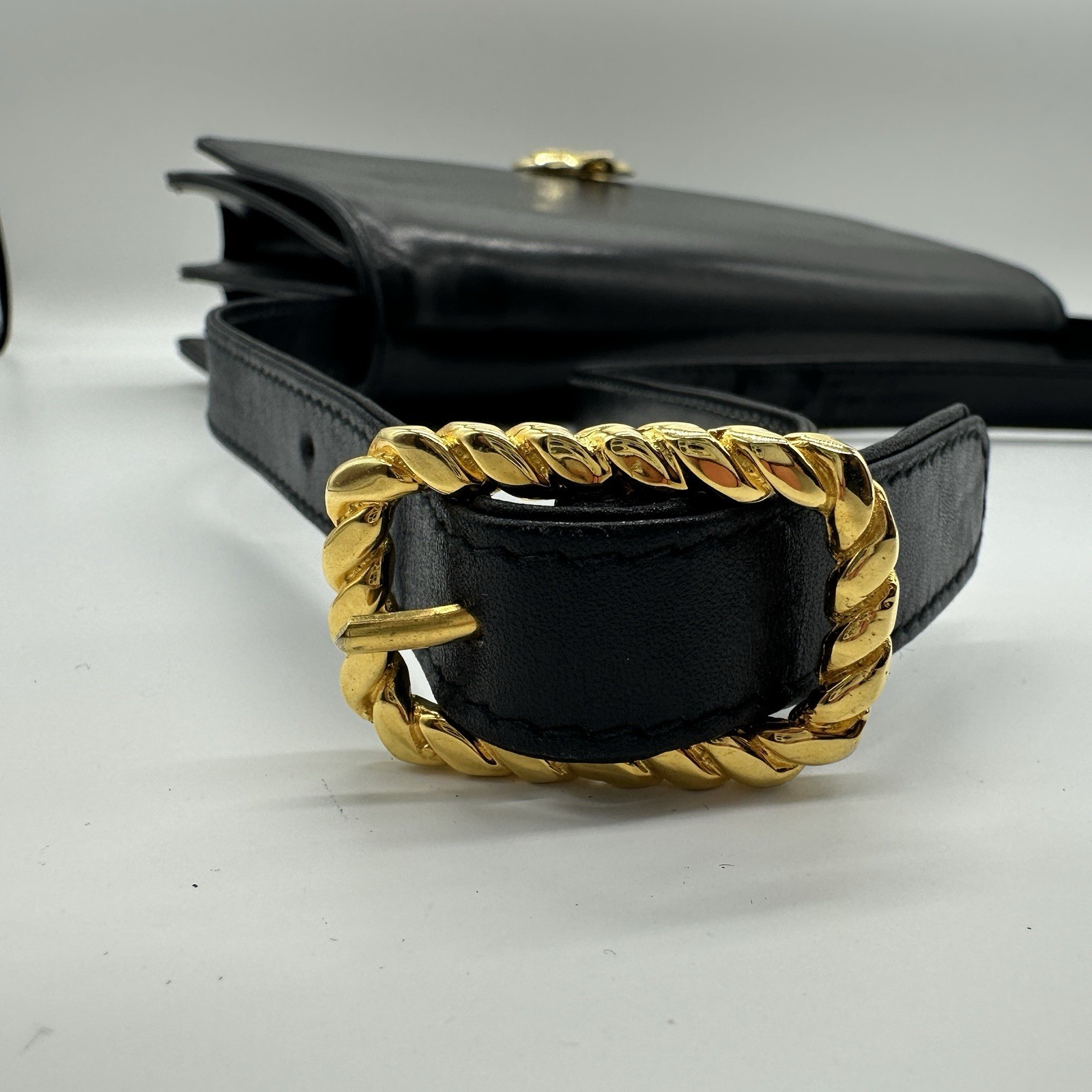 Celine Shoulder Bag Horse Carriage Vintage Black Gold Leather Purse Authentic!!