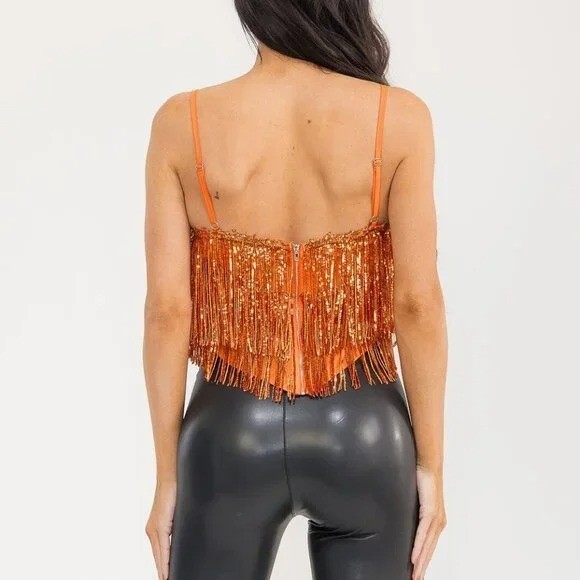 Orange Sequin Fringe Top Cropped Tassel Clubwear Glitter Rave Disco Cowgirl M
