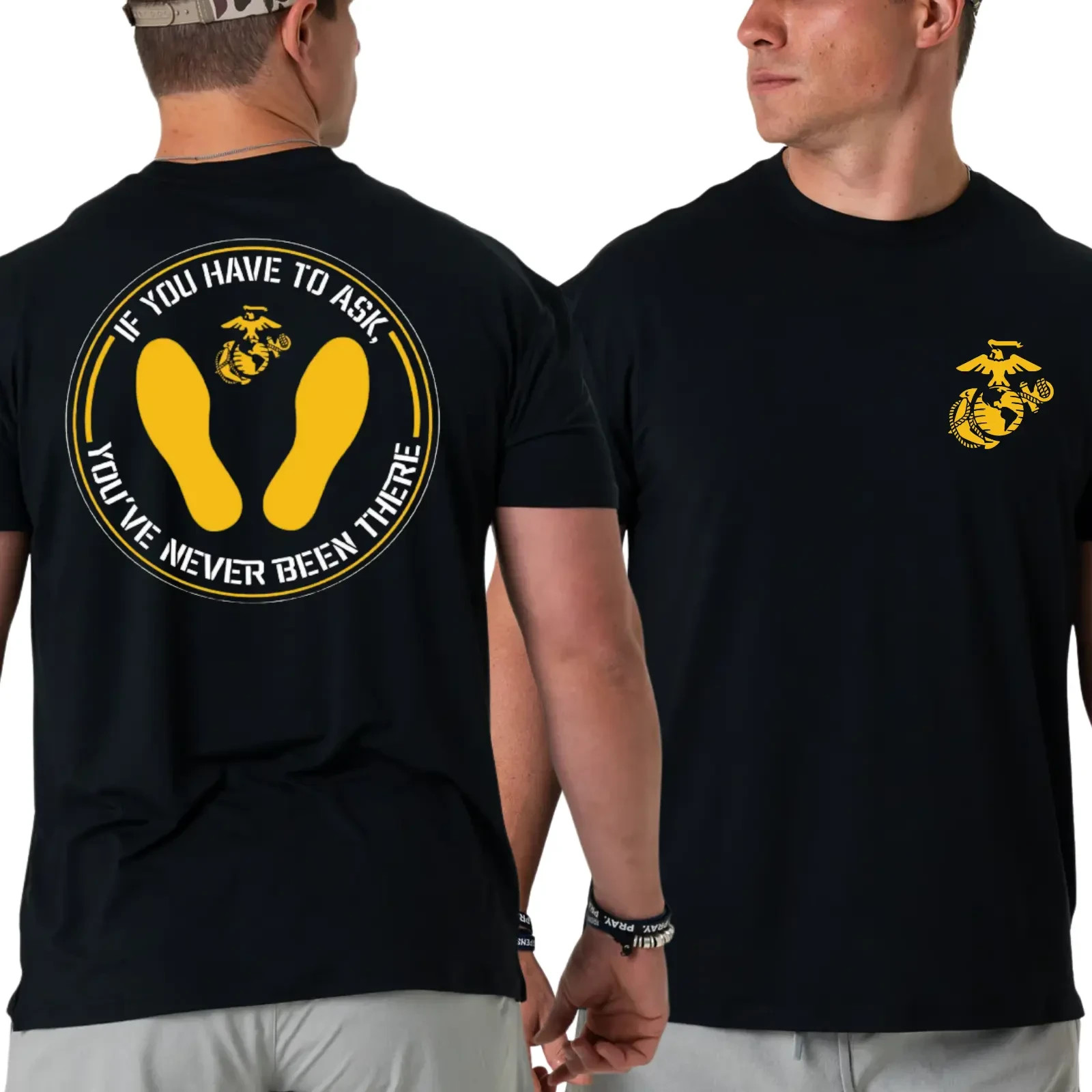 US Marines Yellow Footprints Graphic, 2 Sides Black T-Shirt