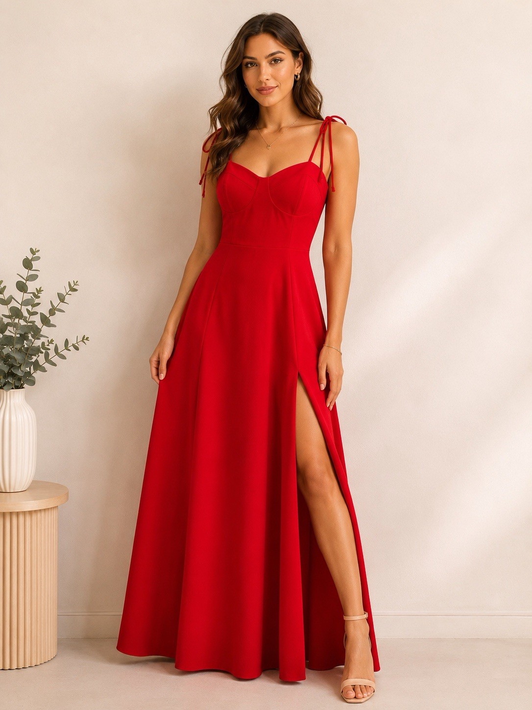 SHEIN MOD Red Maxi Dress NWT Tie Shoulder Slit Dress Size M