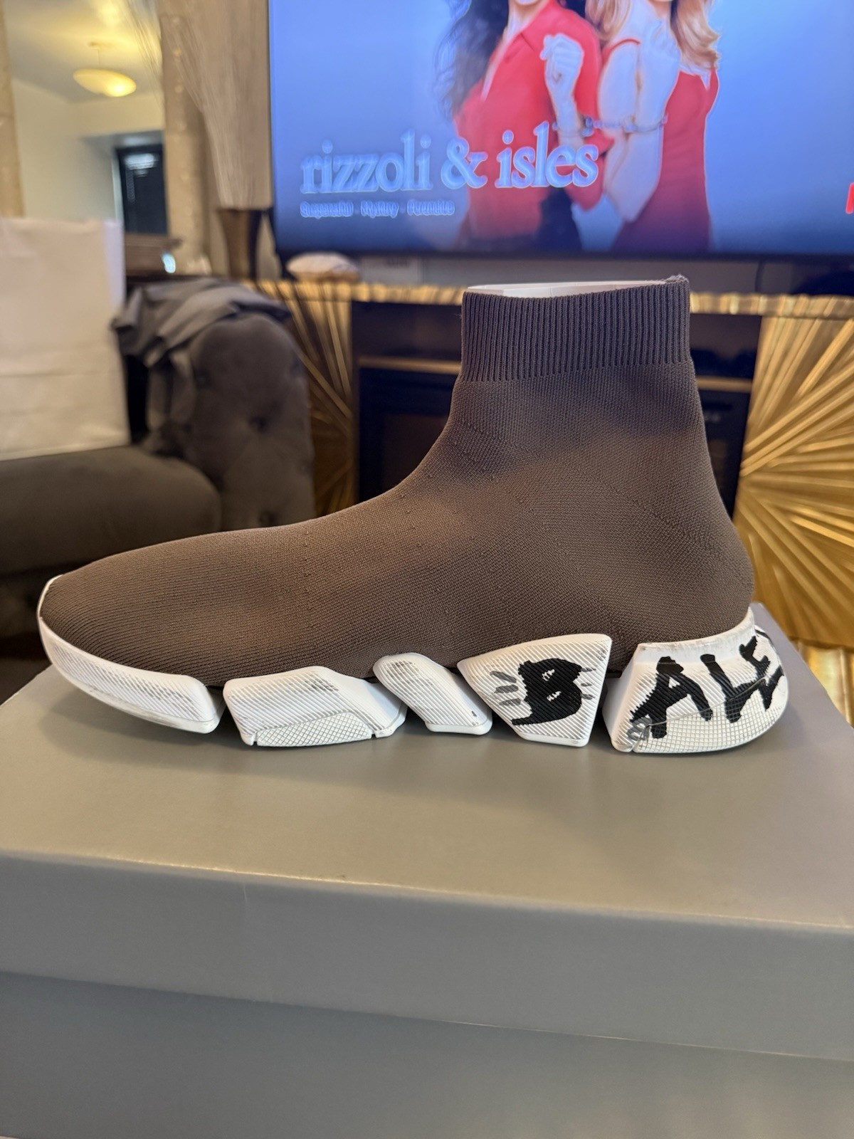 Balenciaga Speed Mid-Top Slip-On Sock Sneakers Brown/White Graffiti Logo