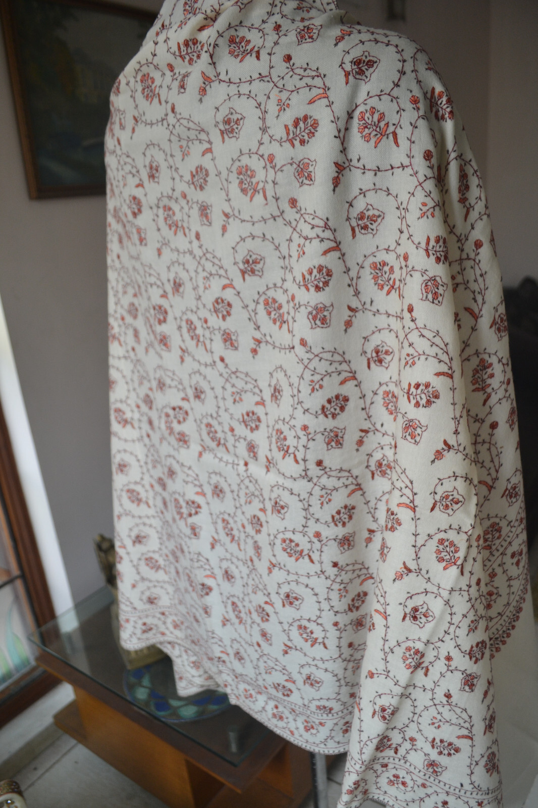 OFF-WHITE MICRO JAAL KASHMIRI EMBROIDERY WEDDING SHAWL 100% CASHMERE PASHMINA