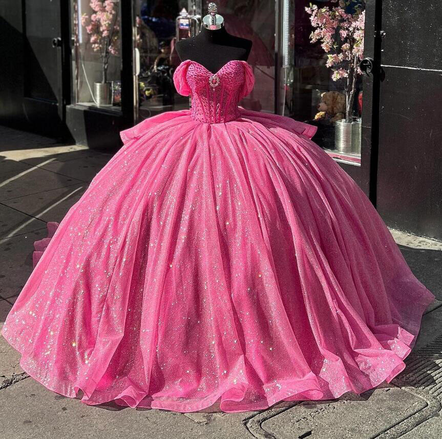 Off Shoulder Barbie Pink Quinceanera Dresses Glitters Sweet 15 Party Ball Gowns