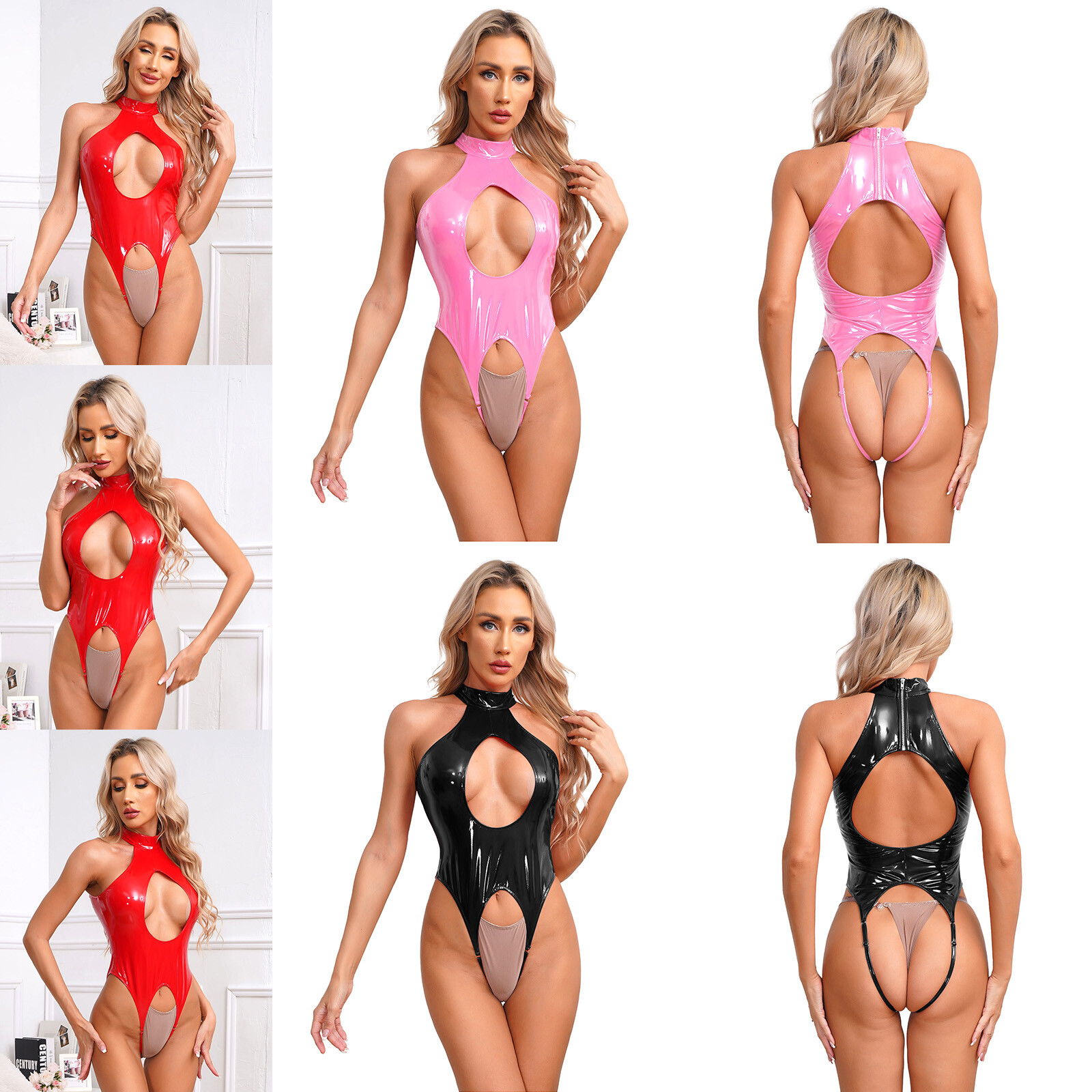 Women PVC Leather Open Chest Exposing Latex Catsuit Bodysuit Lingerie Teddies