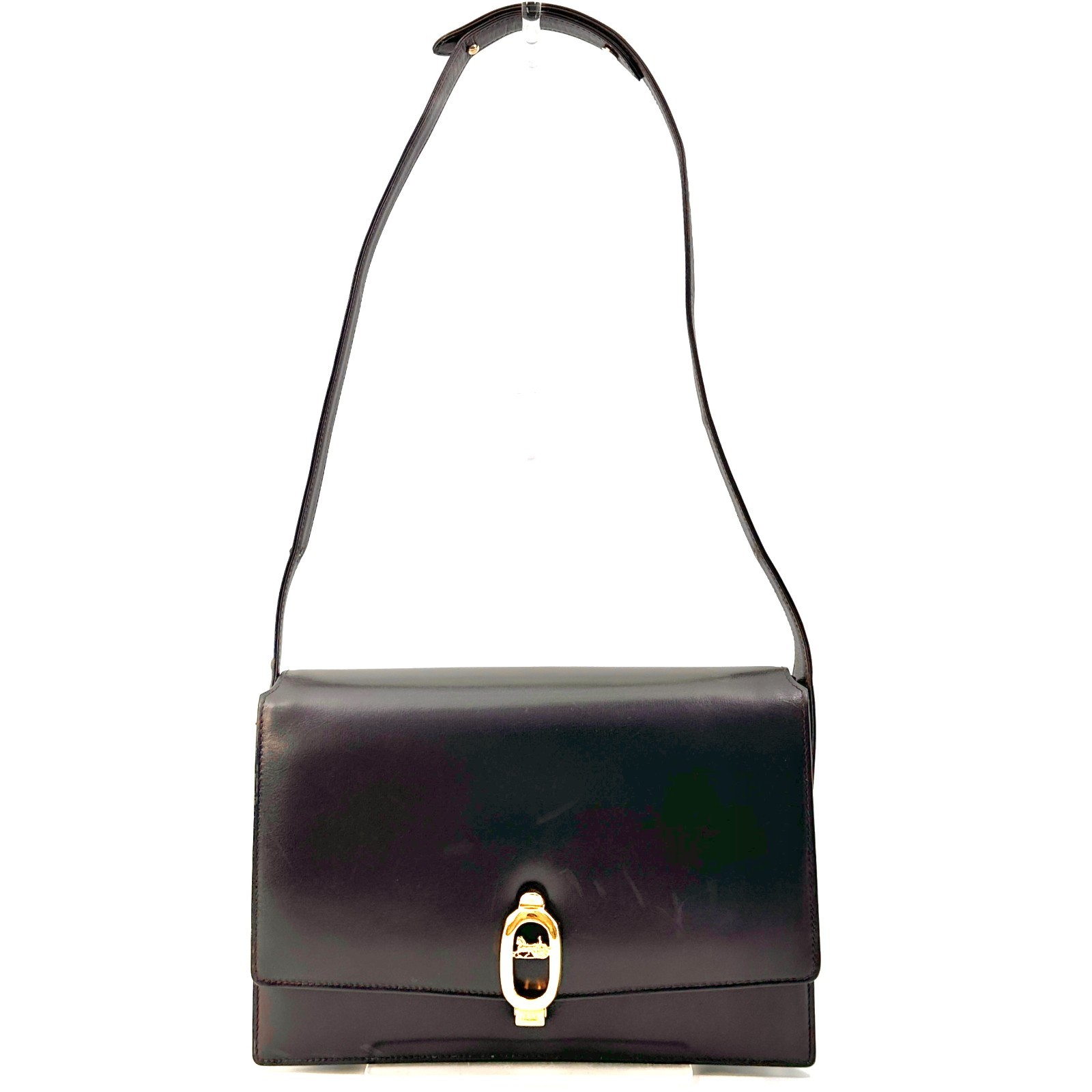 Celine Horse Carriage Flap Leather Shoulder Crossbody Bag Dark Brown Gold