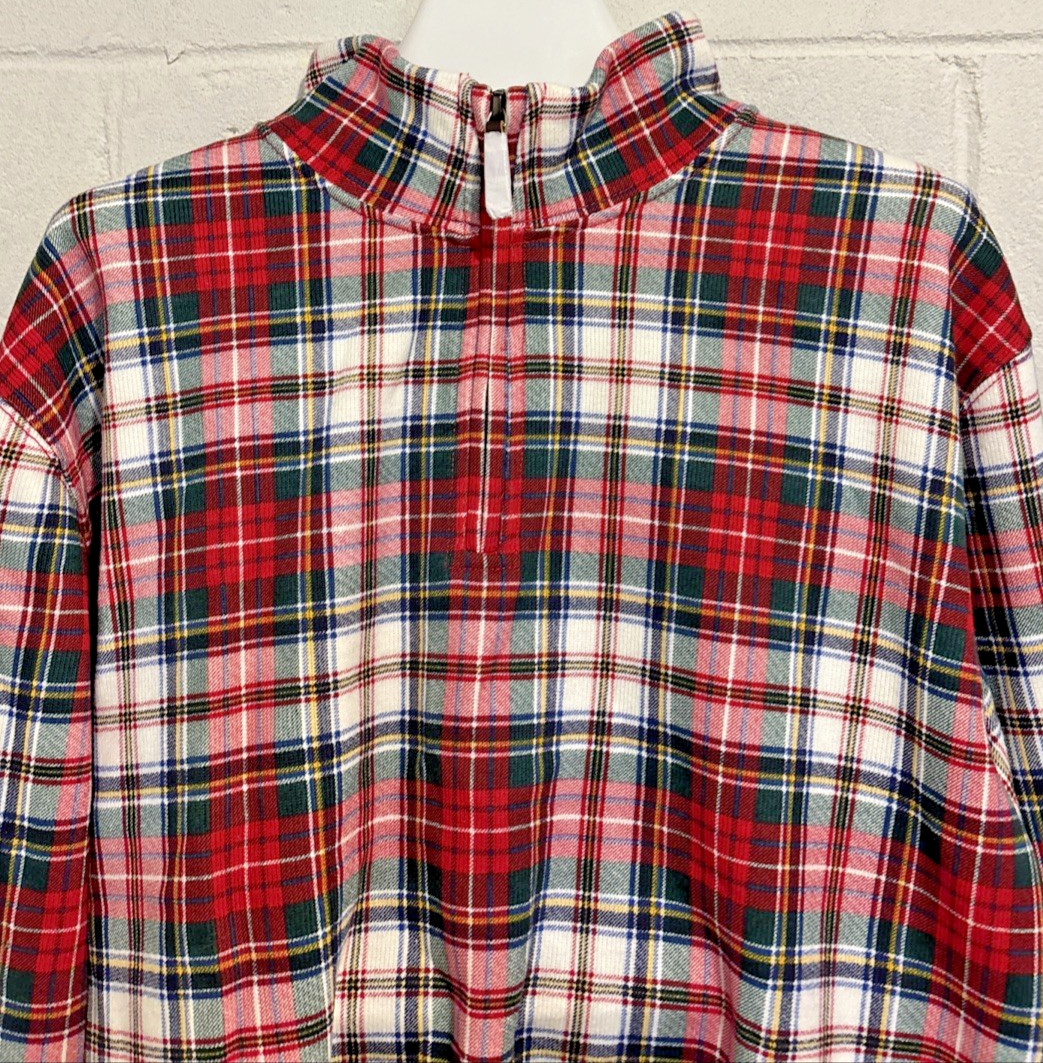 Lands End Mens Sweater Red Green Plaid 1/4 Zip Pullover Size L Holiday Festive