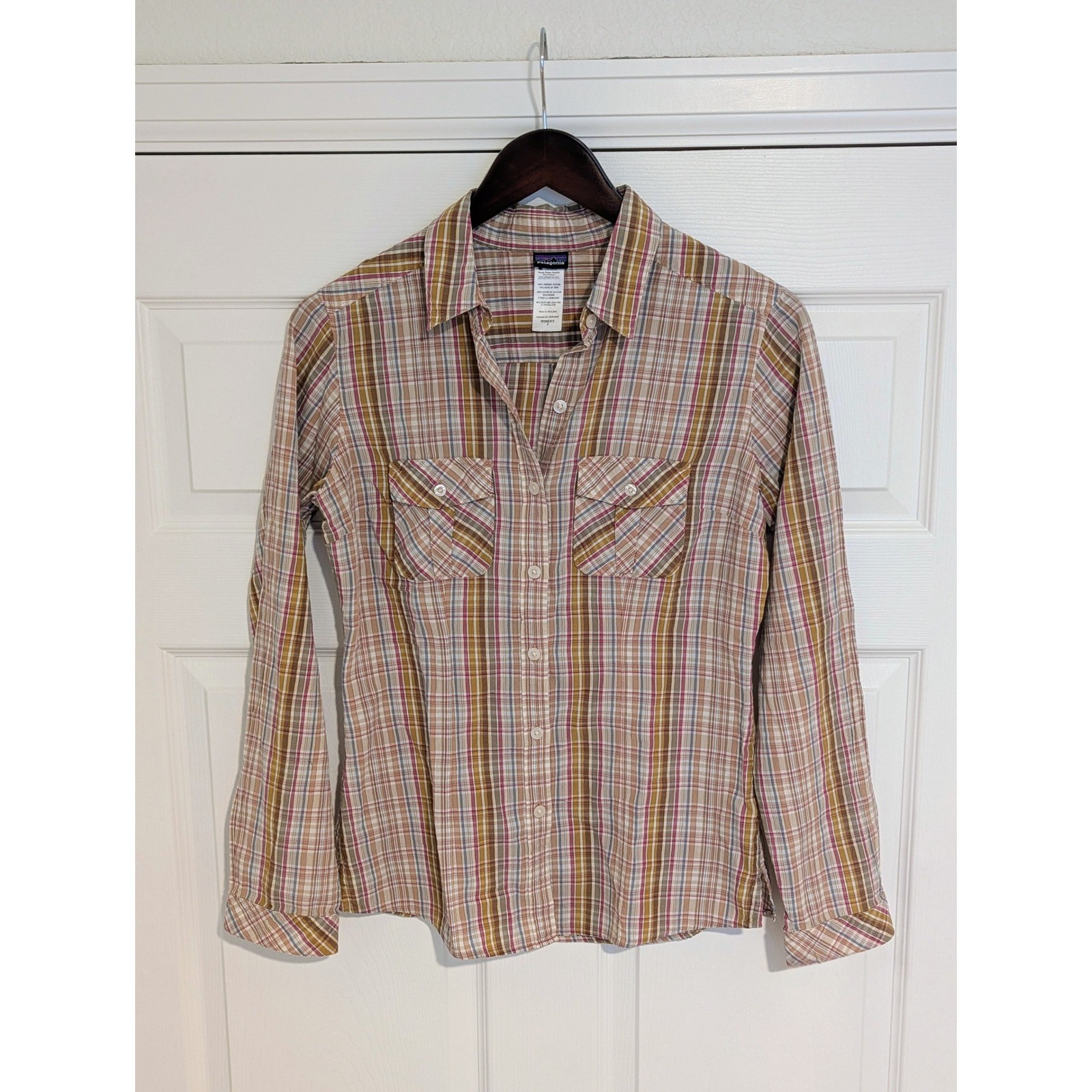 Patagonia Womens Organic Cotton Plaid Button Down Shirt Pink Yellow Blue Size 4