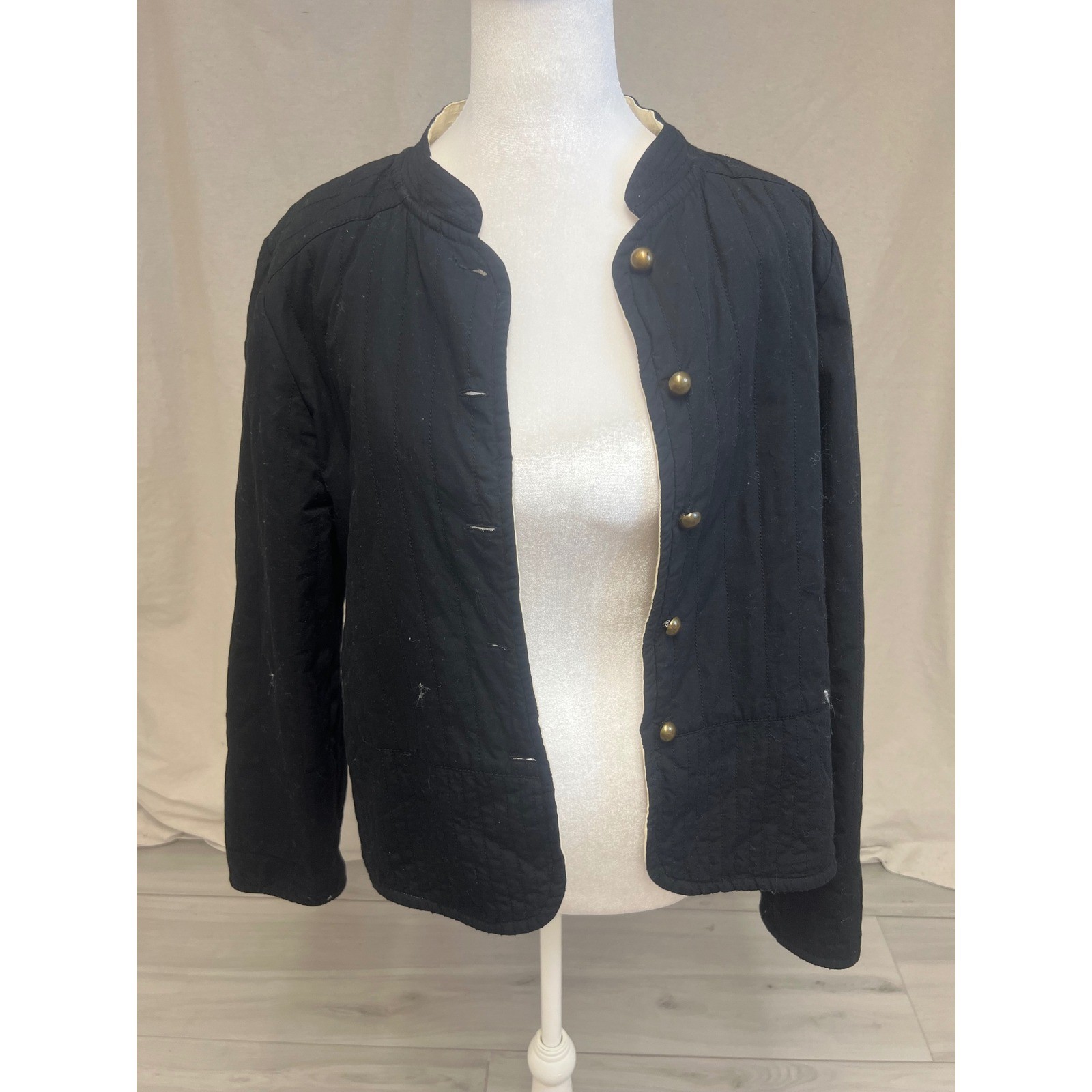 Reversible Quilted Jacket Cream Black Button Front Neutral Utility Office