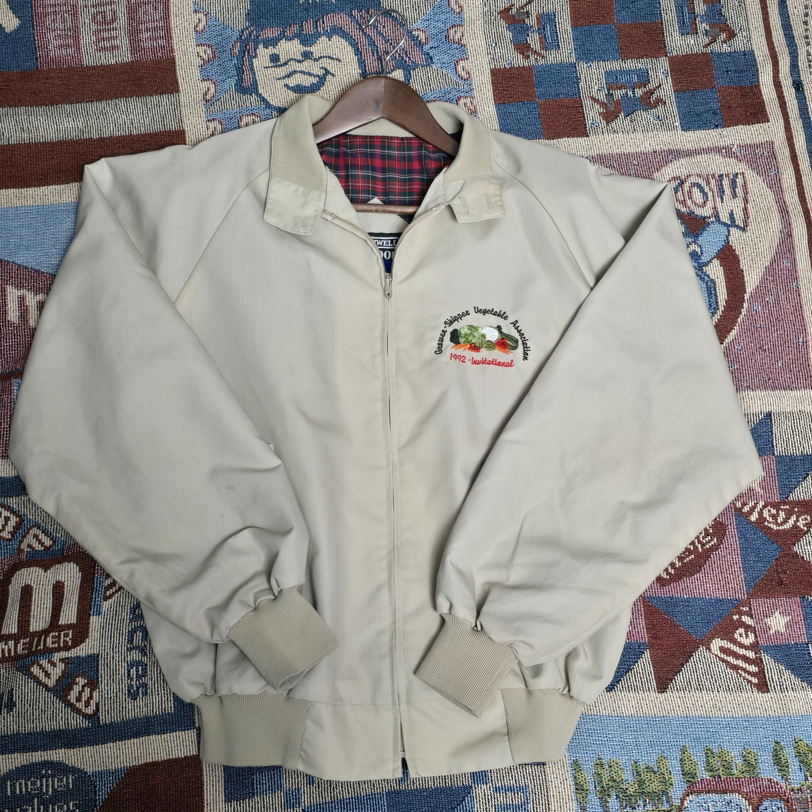Vintage 90s Hartwell ViaSport Harrington Jacket Mens L Beige Plaid Lined Talon Z