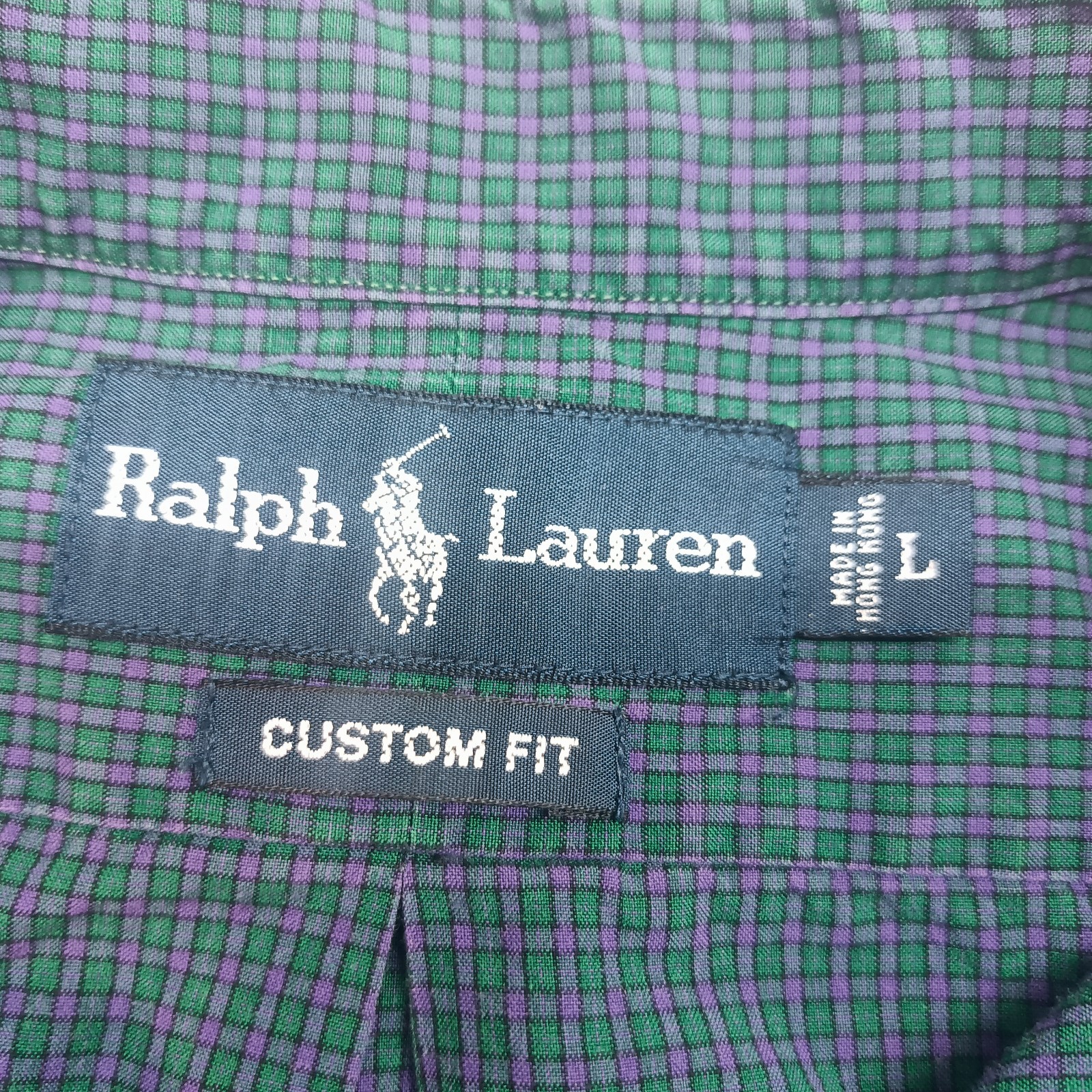 Ralph Lauren Custom Fit Purple Green Plaid Embroidered Pony Button Up Shirt L