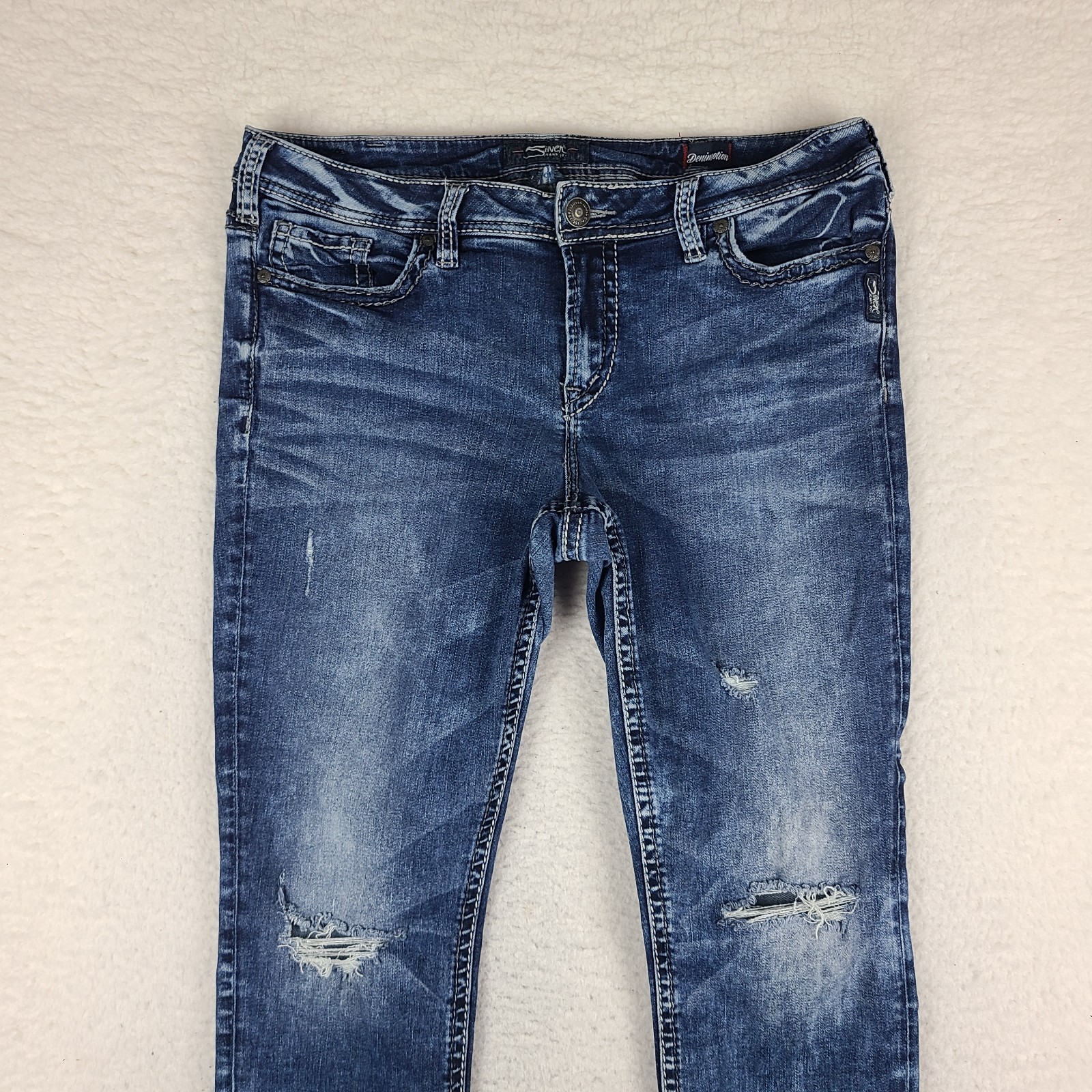 Silver Jeans Womens 16×30 Blue Denimotion Suki Skinny Distress Dark Wash Denim