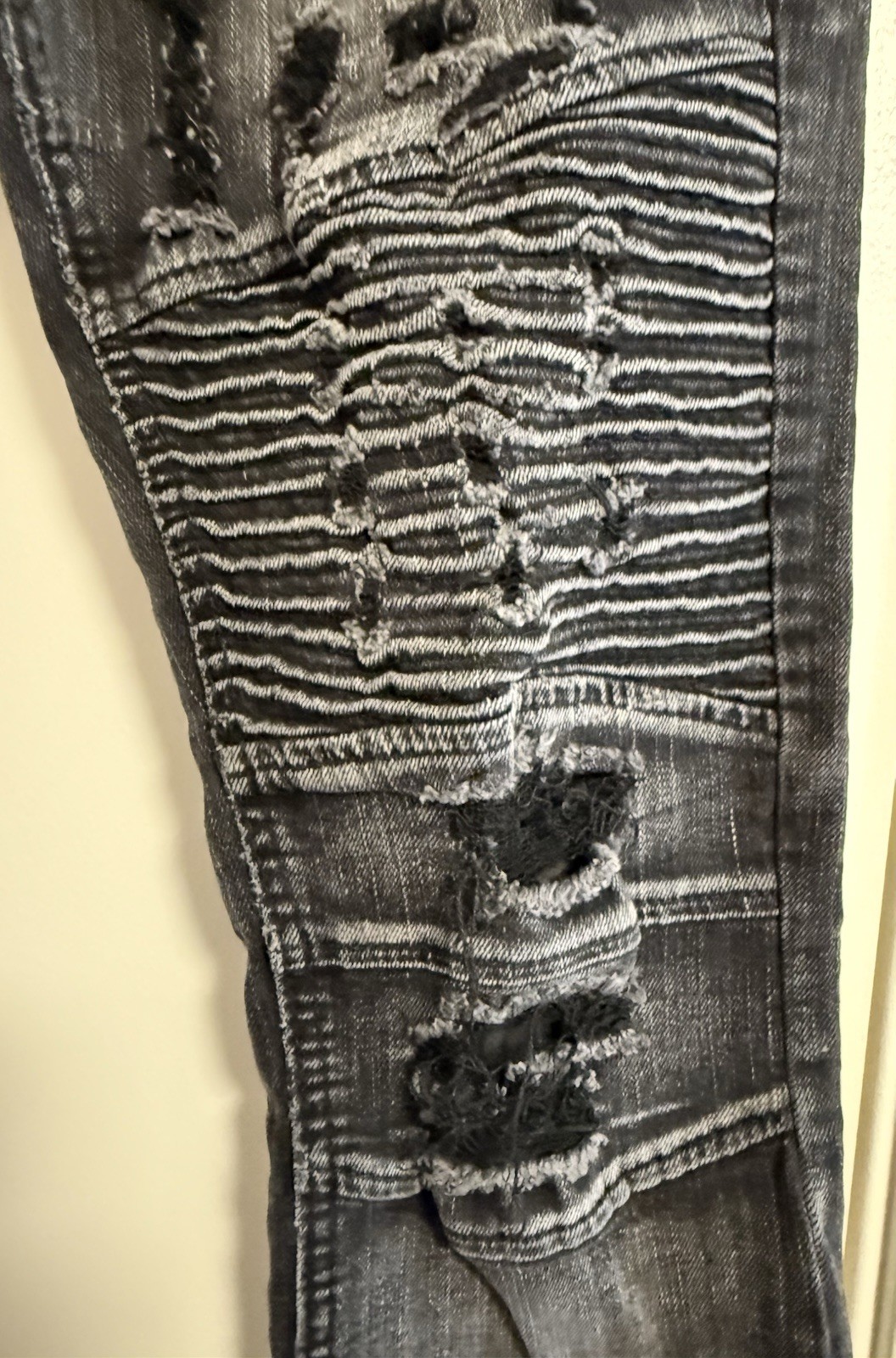 Waimea Mens Skinny Fit Moto Biker Jeans 32×32 Black Distressed Ripped Streetwear