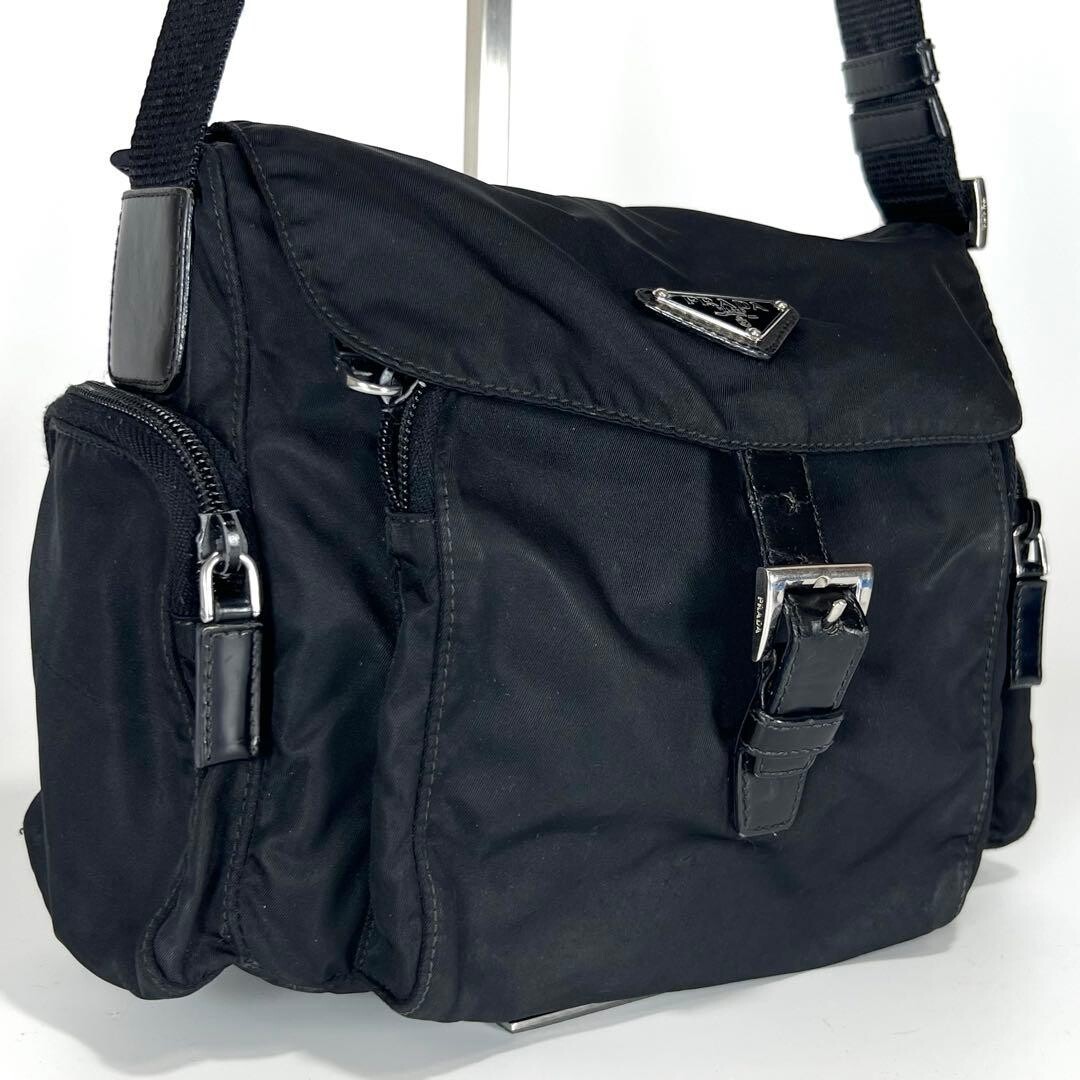 Prada Nylon Messenger Bag Black Triangle Logo Crossbody Flap Unisex 8.3in