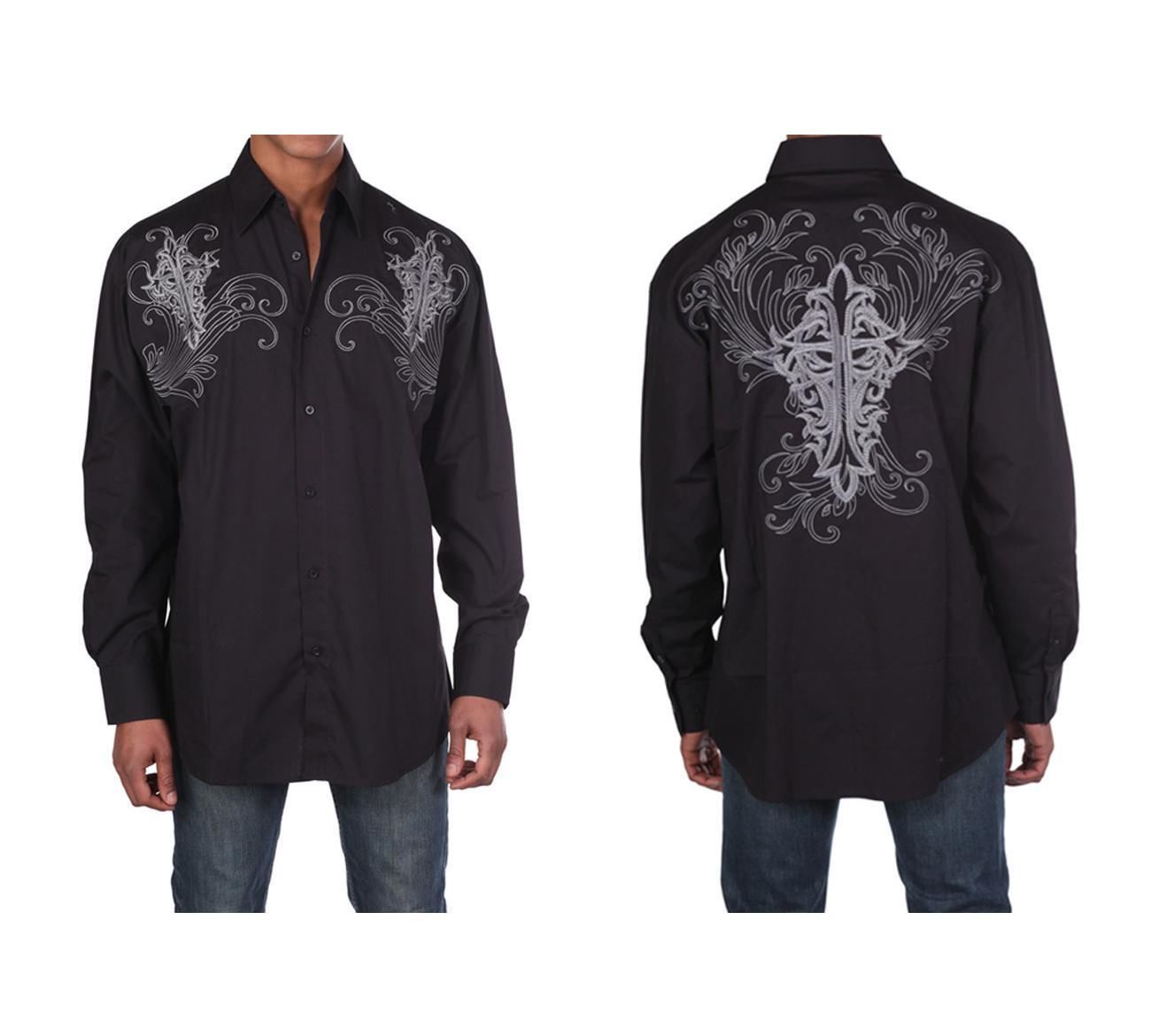 Men’s Western Cotton Embroidered Casual Shirt #42 Black White & Red