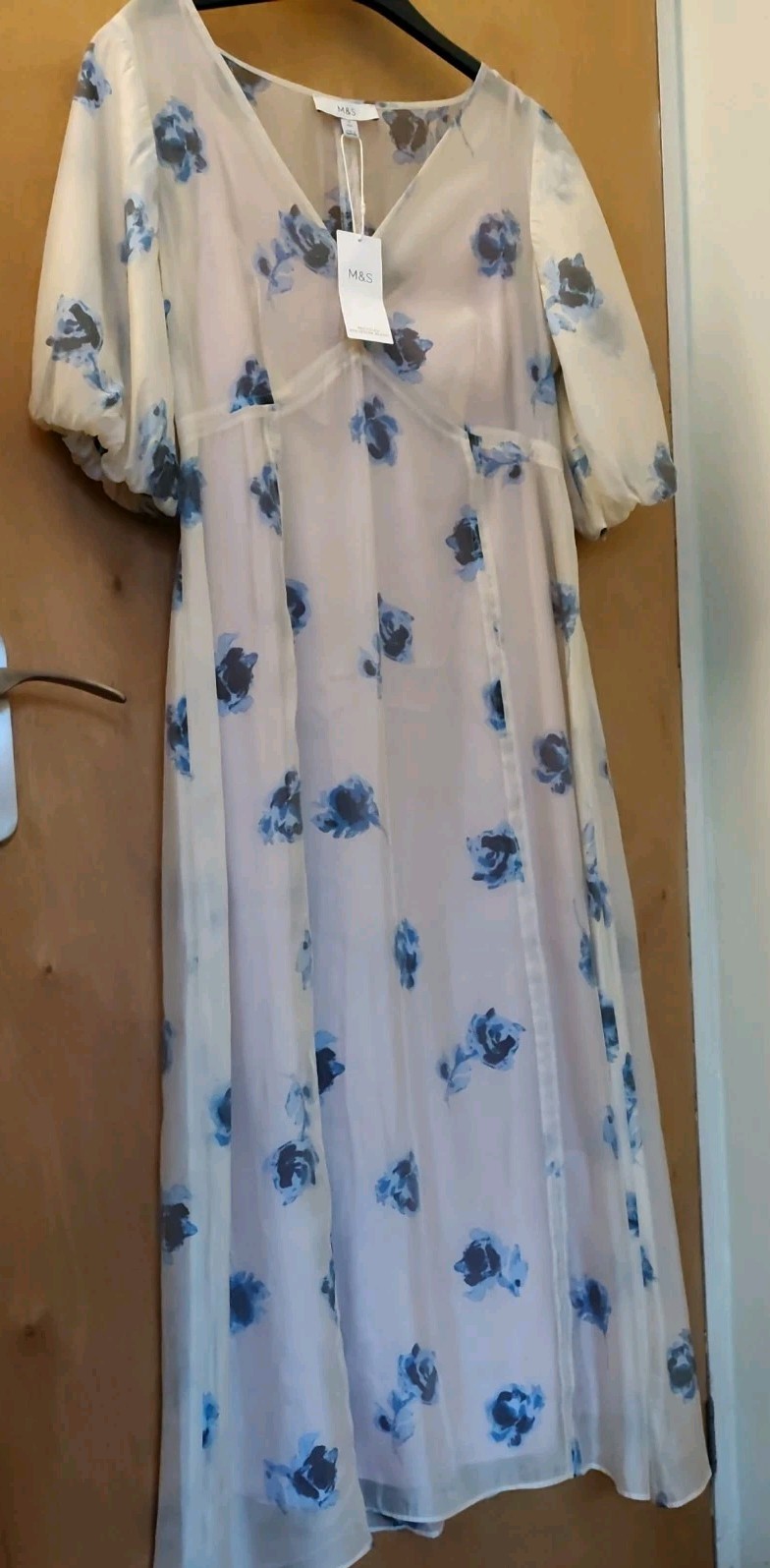 M&S ~ Ivory & Blue Floral Midi A-Line DRESS with Pink underslip ~ Size 12 Bnwt