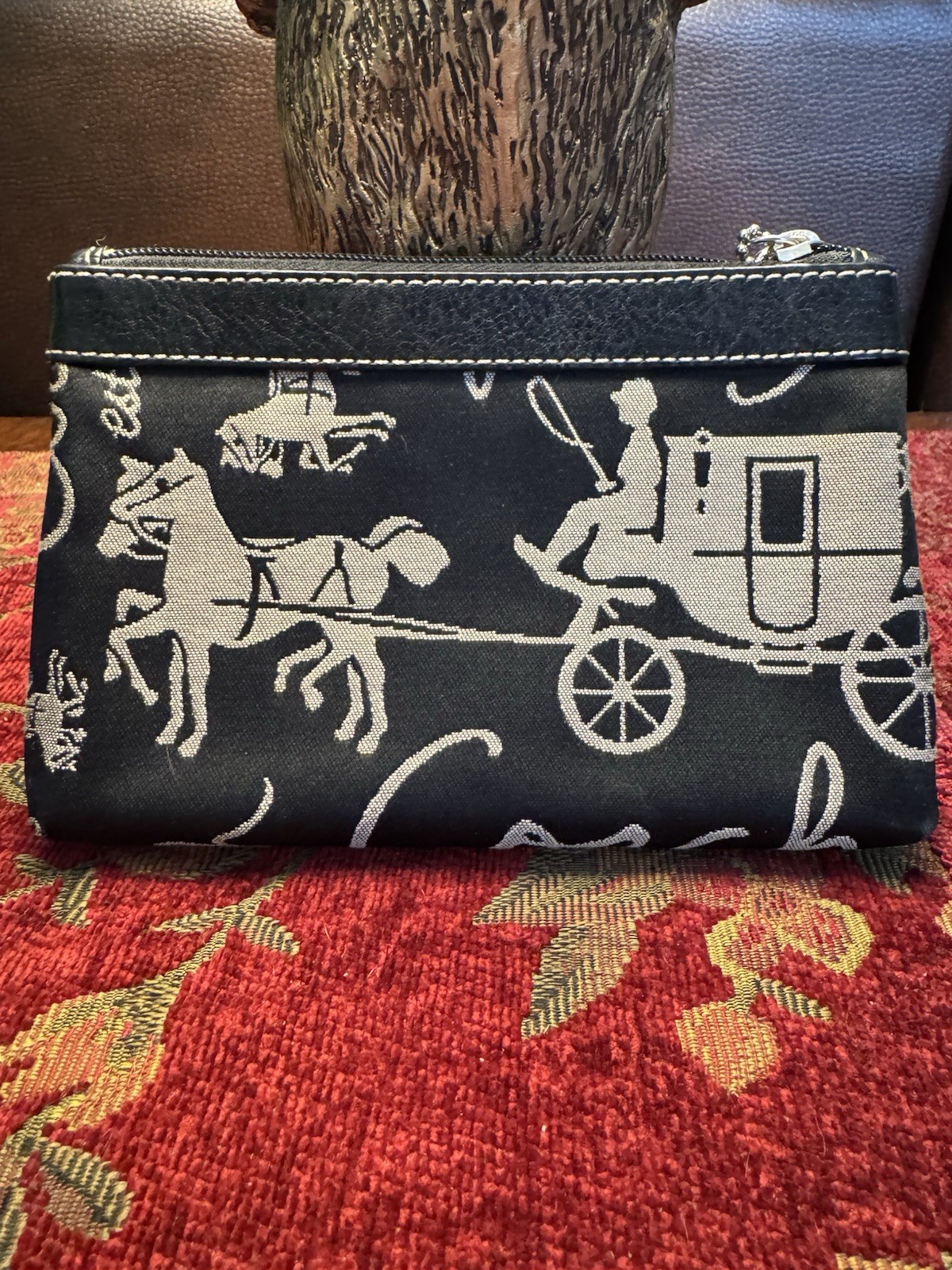 Authentic Coach vintage Black Wristlet Clutch Horse & Carriage Print Zip Closure