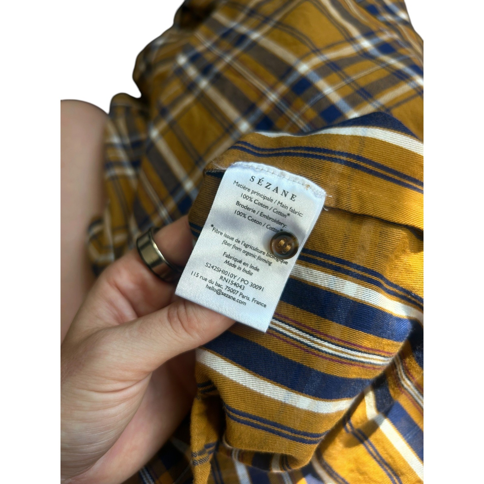 Sezane Chlo Shirt Mustard Yellow Navy Plaid Ruffle Lace Organic Cotton Blouse 36
