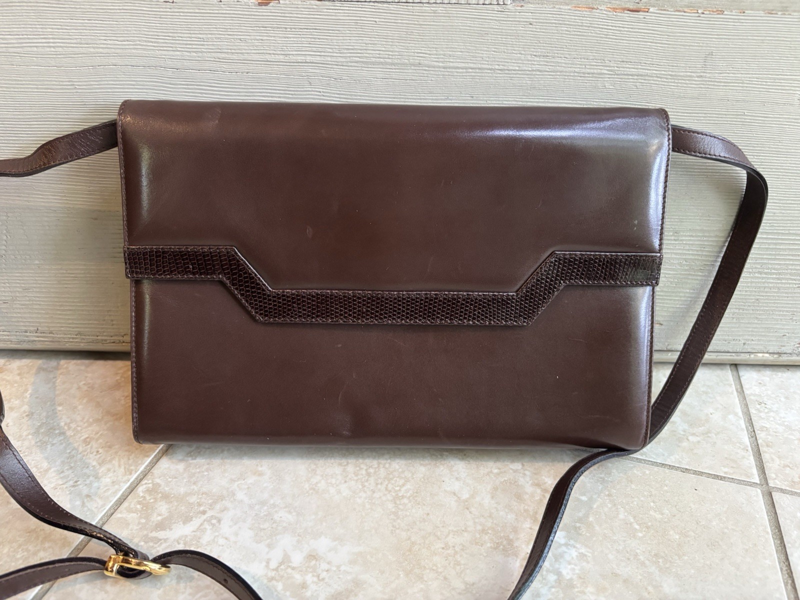Salvatore Ferragamo vtg Brown Leather & Lizard Trim Clutch Shoulder Bag Italy