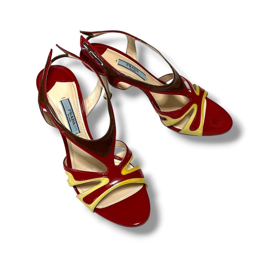 PRADA Patent Leather Heeled Sandals 22.5cm Red Yellow Italy