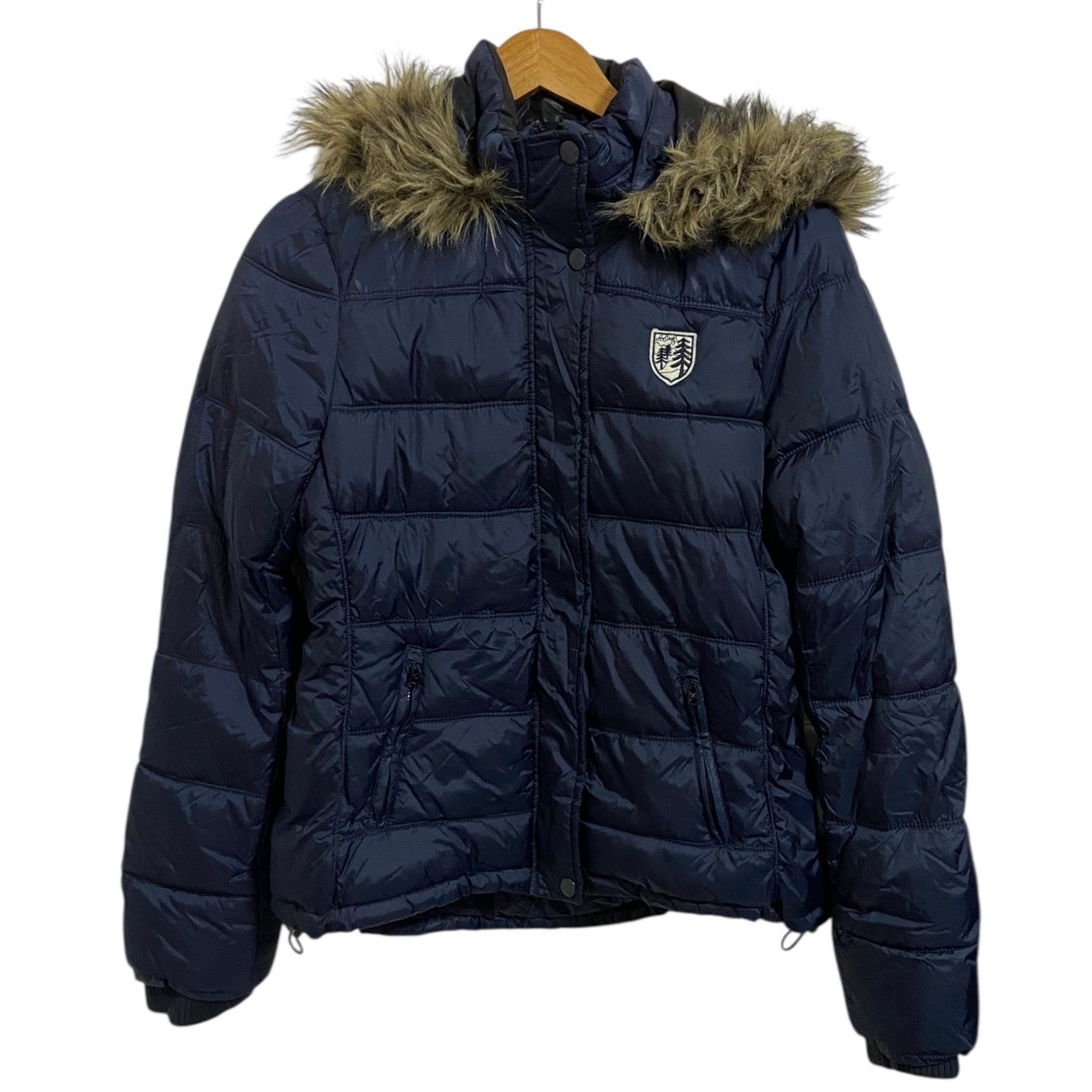 American Eagle Outfitters Puffer Jacket Fur Hood Navy Blue Quilted Winter Coat L