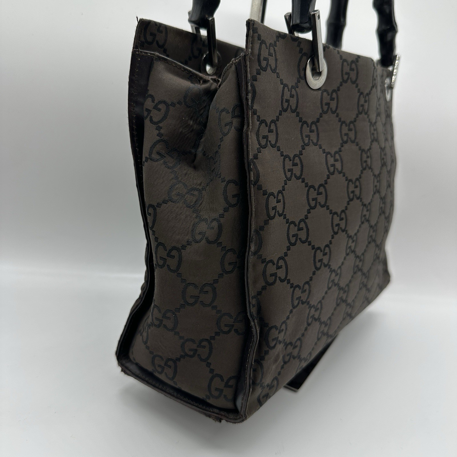 Gucci Handbag Bamboo GG Nylon Dark Brown Purse Double Handle Authentic