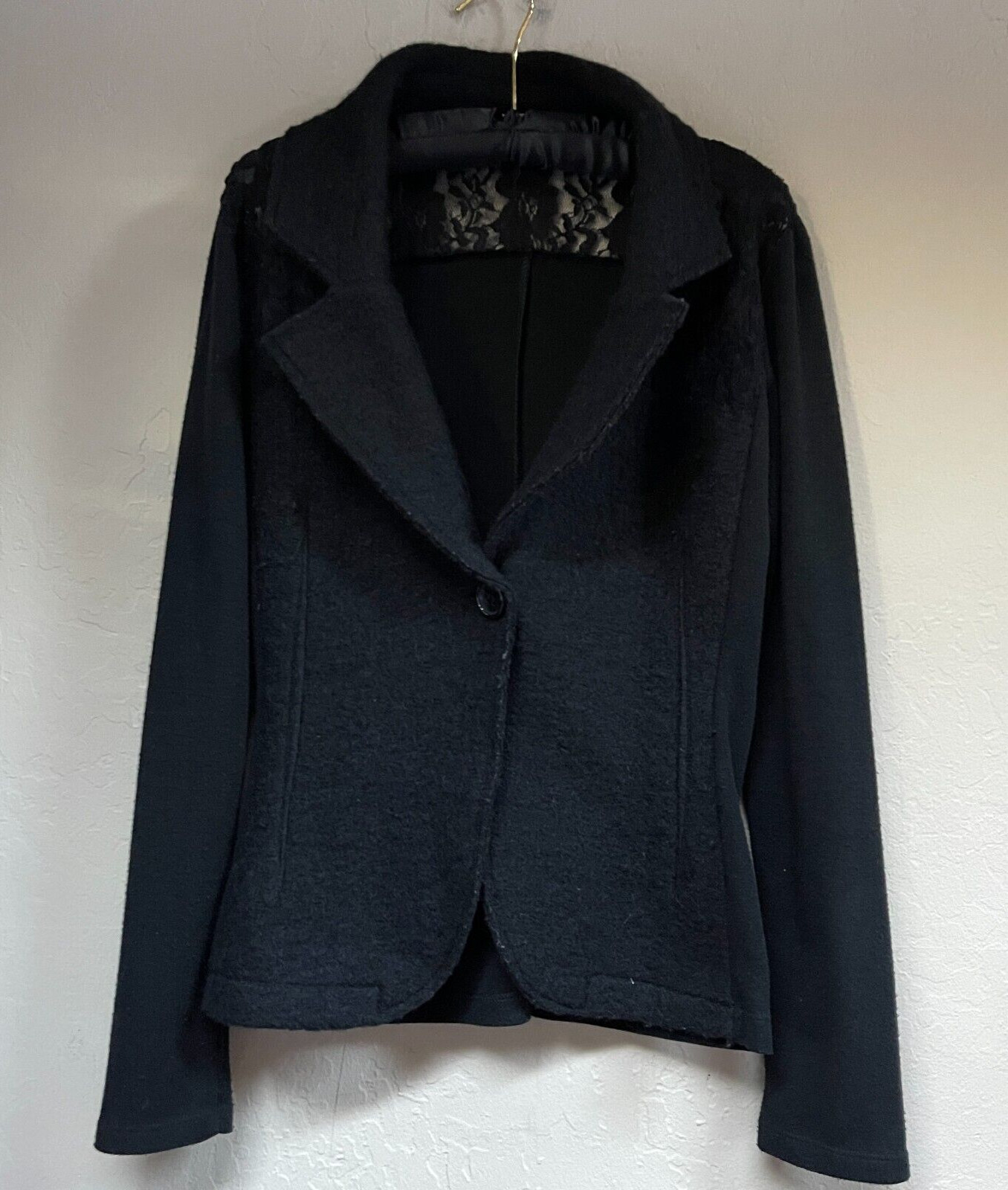 No-Na Made in Italy Women Single-Button Blazer Jacket Black Textured Lace Detail