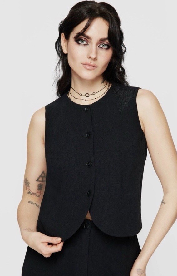 DISTURBIA Aya Embroidered Linen Blend Button Front Waistcoat – US 14 / UK 18