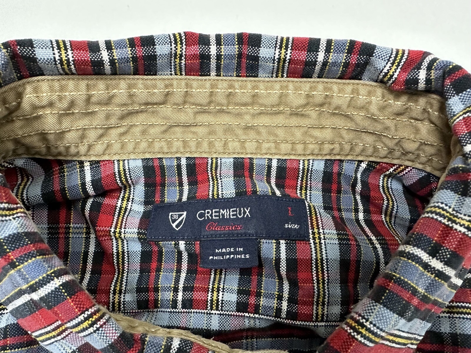 Vintage Oxford Shirt Men Large Casual Gray Red Plaid Button Down Cremieux STAIN